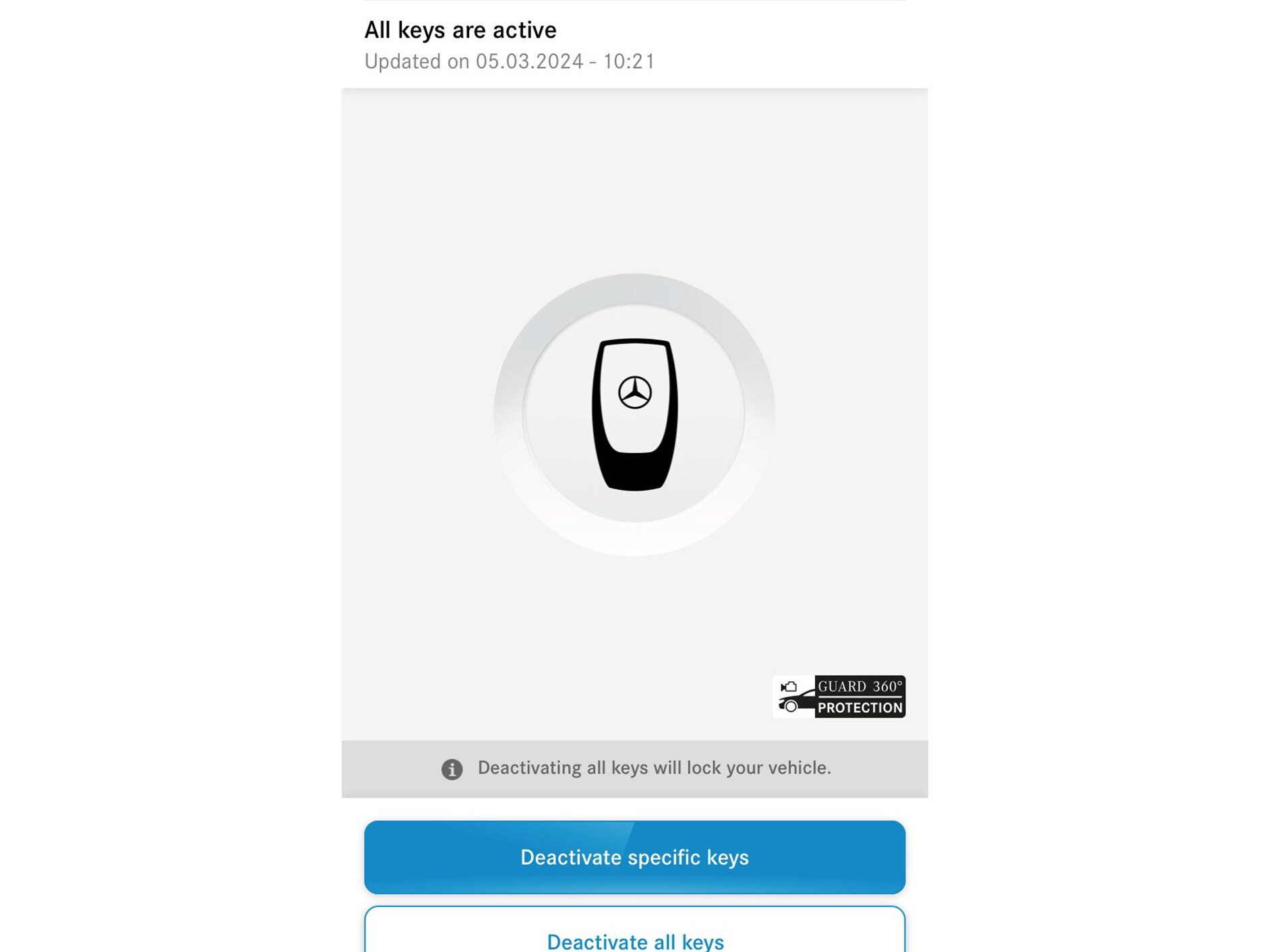Na chytrém telefonu se zobrazí menu digitálního doplňku Nouzová deaktivace klíčku.