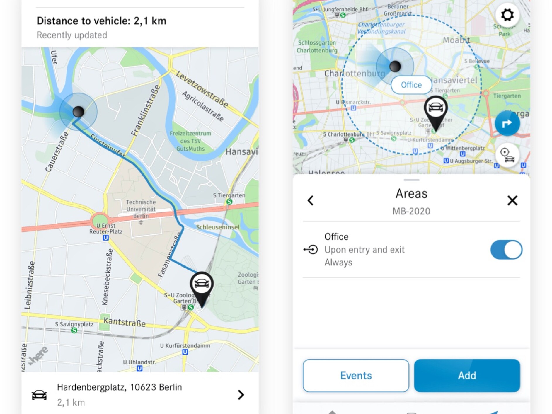 Na chytrém telefonu se díky digitálnímu doplňku Sledování geografické polohy vozidla zobrazí, zda vozidlo jede v&nbsp;definované oblasti nebo mimo ni.