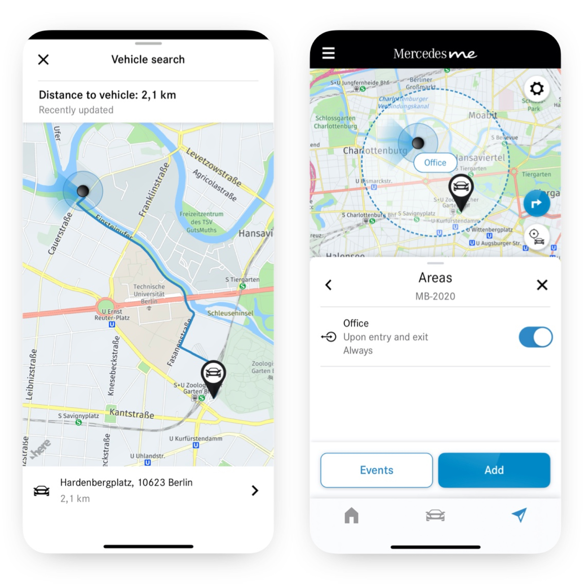 Sledování geografické polohy vozidla | Sada Excellence | Mercedes-Benz Na chytrém telefonu se díky digitálnímu doplňku Sledování geografické polohy vozidla zobrazí, zda vozidlo jede v definované oblasti nebo mimo ni.
