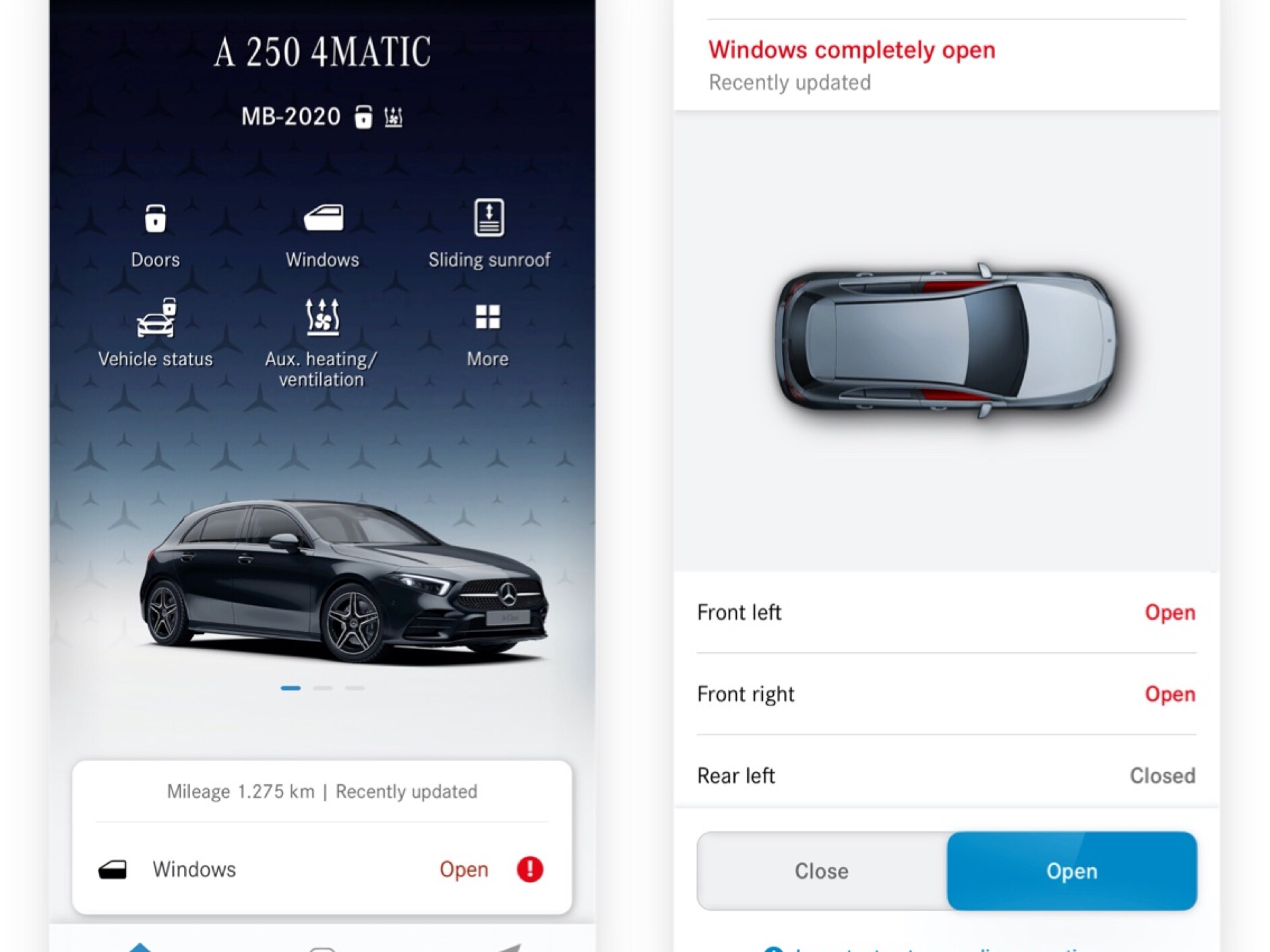 Na chytrém telefonu jsou vidět různé obrazovky, které se objeví, když digitální doplněk Dálkové ovládání postranních oken zjistí, že nejsou zavřená všechna postranní okna.