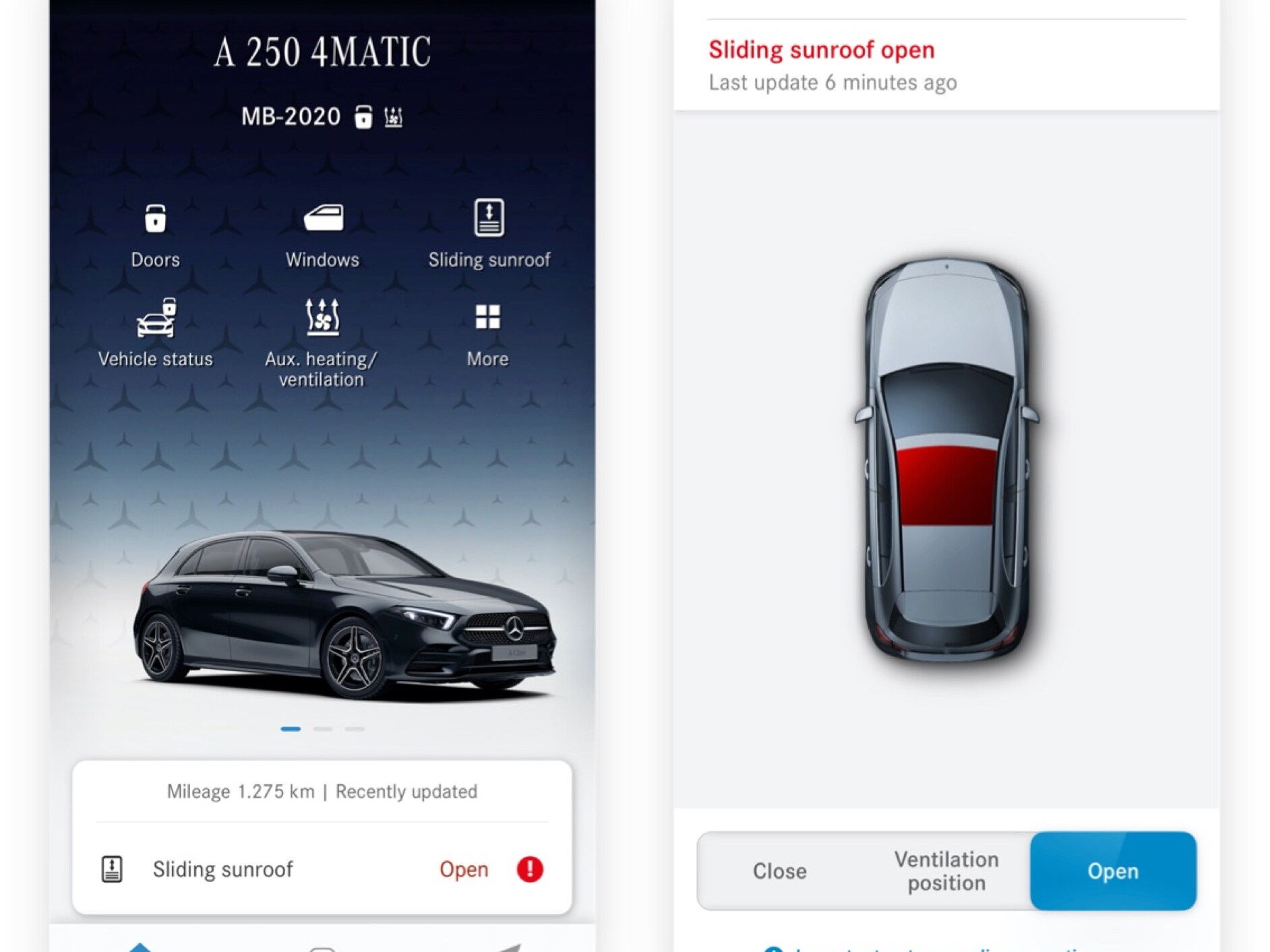 Na chytrém telefonu jsou vidět různé obrazovky, které se objeví, když digitální doplněk Dálkové ovládání postranních oken / posuvného střešního okna zjistí, že není zavřené posuvné střešní okno.