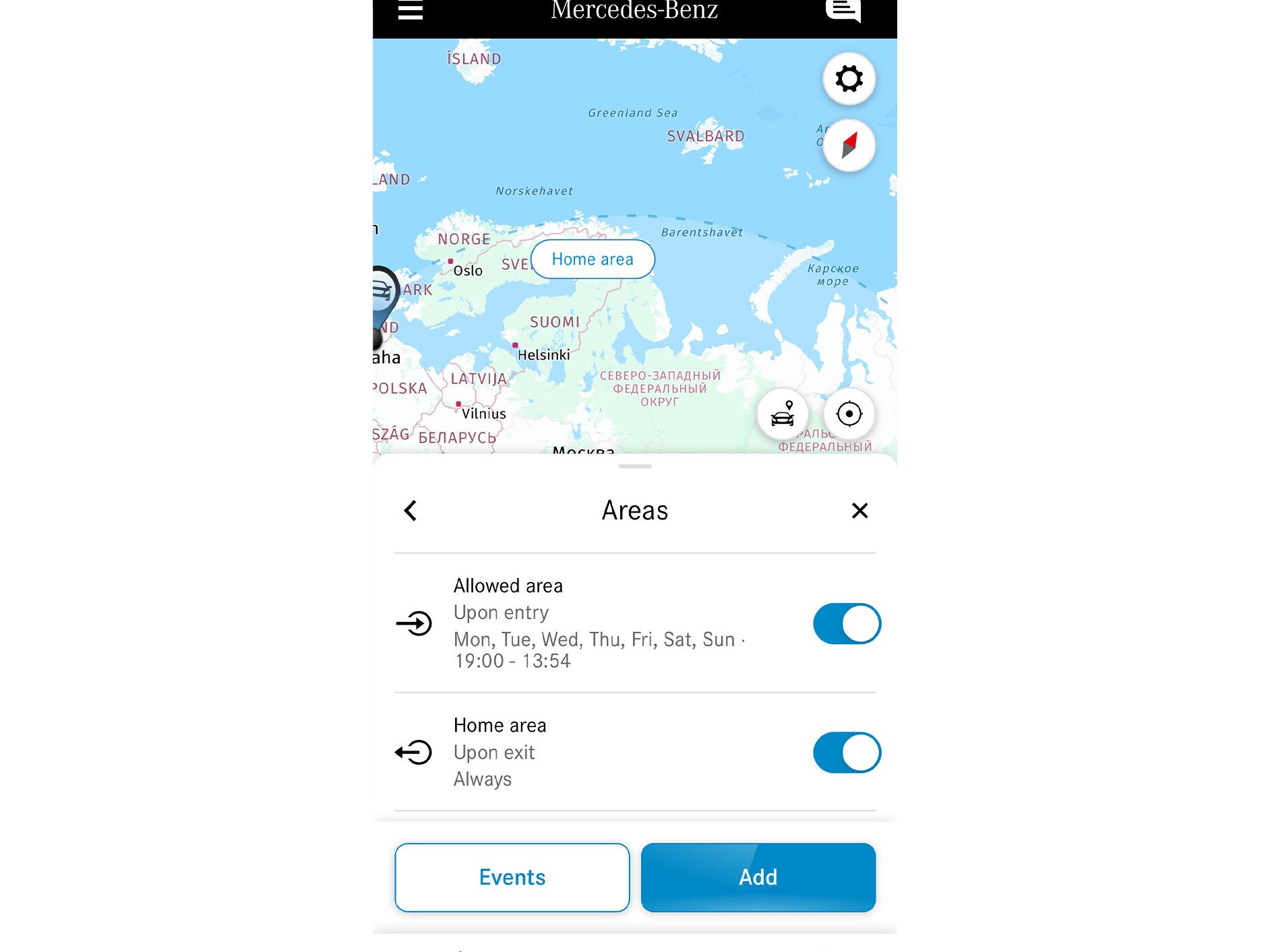 Na chytrém telefonu se díky digitálnímu doplňku Sledování geografické polohy vozidla zobrazí, zda vozidlo jede v&nbsp;definované oblasti nebo mimo ni.