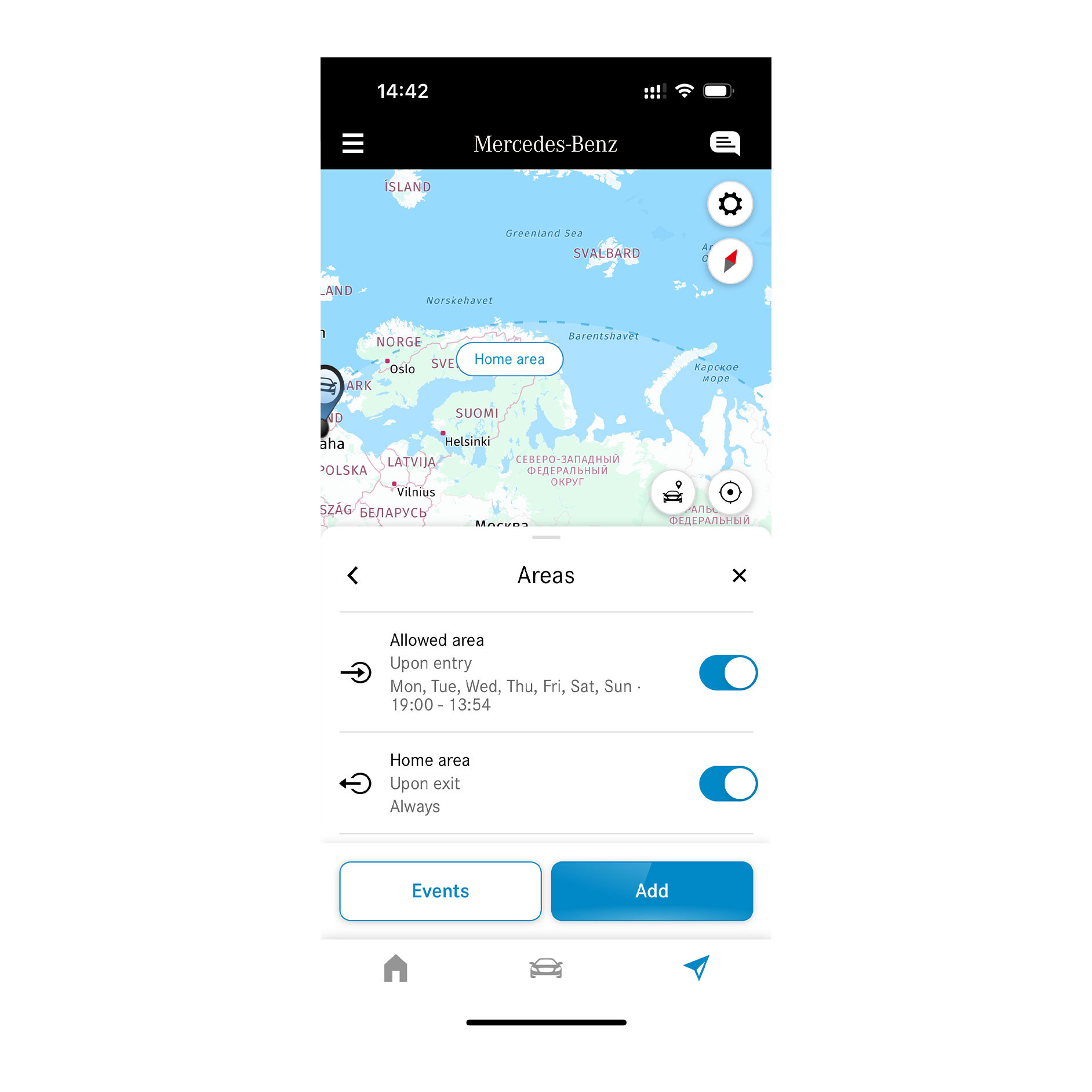 Sledování geografické polohy vozidla | Funkce ovládané na dálku | Mercedes-Benz Na chytrém telefonu se díky digitálnímu doplňku Sledování geografické polohy vozidla zobrazí, zda vozidlo jede v definované oblasti nebo mimo ni.