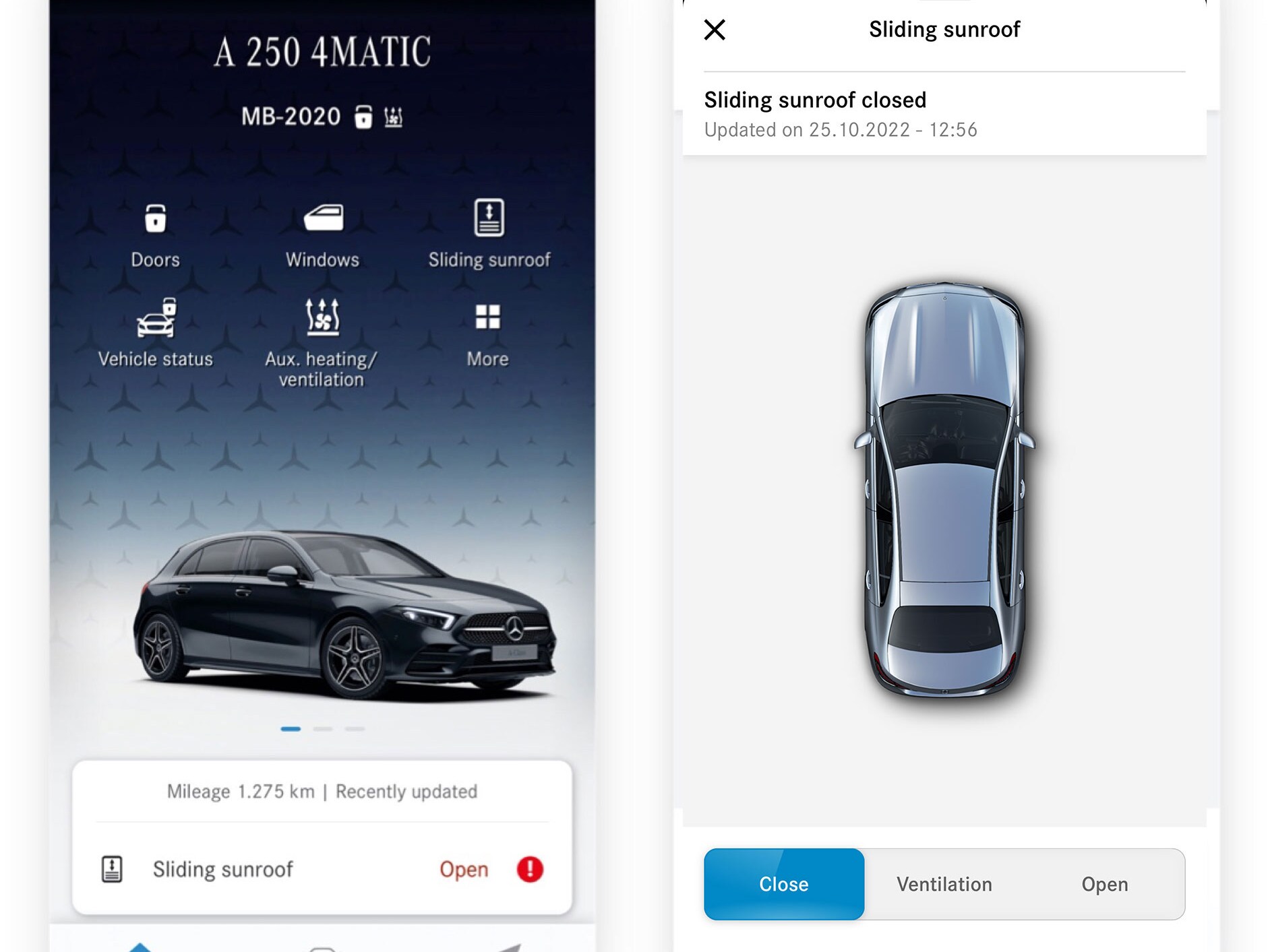 Na chytrém telefonu jsou vidět různé obrazovky, které se objeví, když digitální doplněk Dálkové ovládání postranních oken / posuvného střešního okna zjistí, že není zavřené posuvné střešní okno.