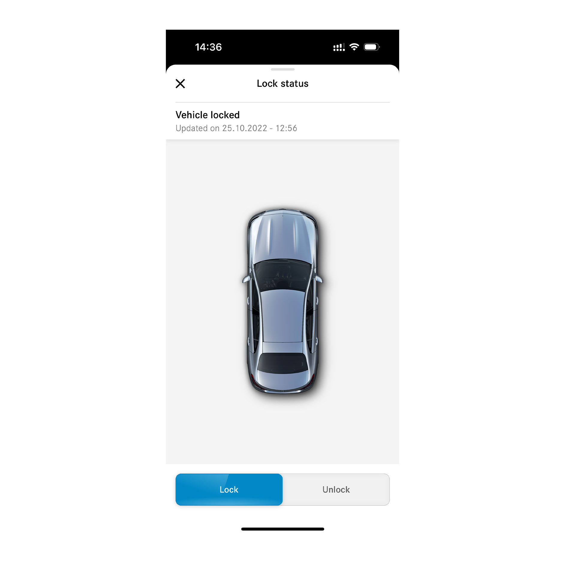 Dálkové zamknutí/odemknutí dveří | Funkce ovládané na dálku | Mercedes-Benz Na chytrém telefonu je obrazovka, která se zobrazí, když digitální doplněk Dálkové zamknutí/odemknutí dveří zjistí, že všechny dveře jsou zamknuté.