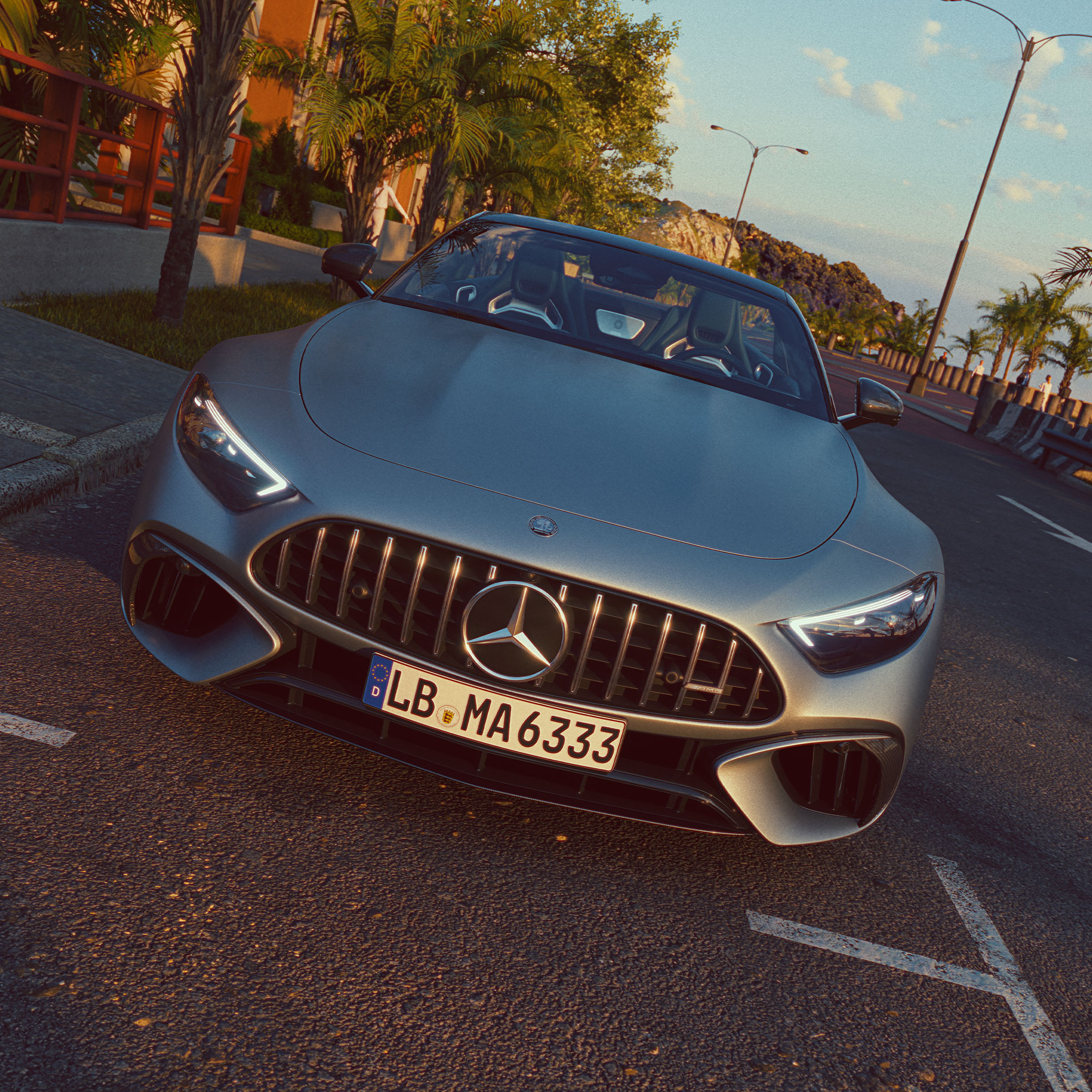 Design | SL Roadster | Mercedes-AMG Pohled zepředu na vozidlo Mercedes-AMG SL roadster parkující na ulici.