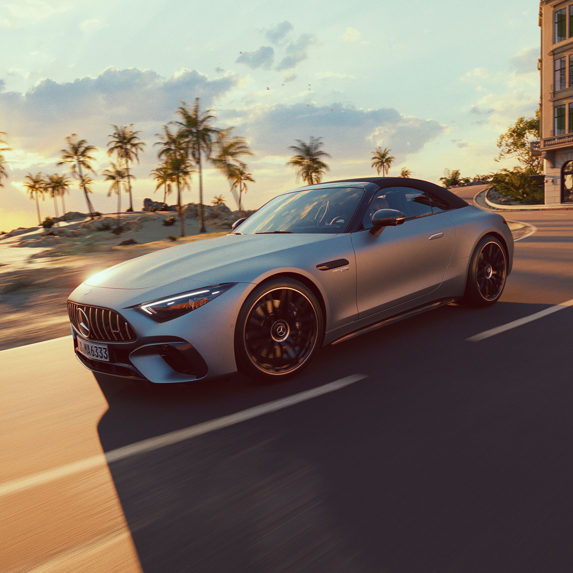 SL Roadster | Mercedes-AMG Pohled z boku na Mercedes-AMG SL roadster, který jede po silnici.