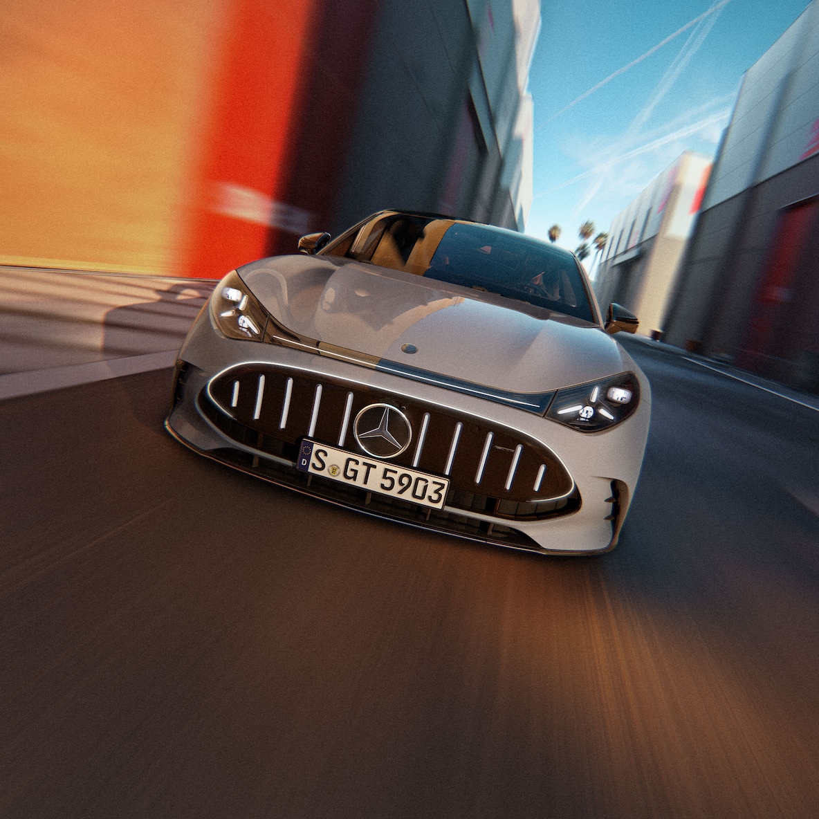 GT čtyřdveřové kupé od Mercedes-AMG při pohledu zepředu.