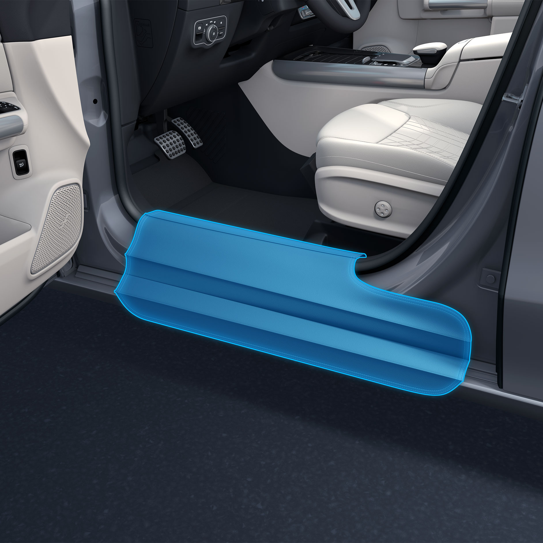 Ochrana nástupu | Pomůcky pro jízdu | Mercedes-Benz Detailní znázornění ochrany nástupu s otevřenými dveřmi v kombinaci s vozidlem vhodným pro invalidy.