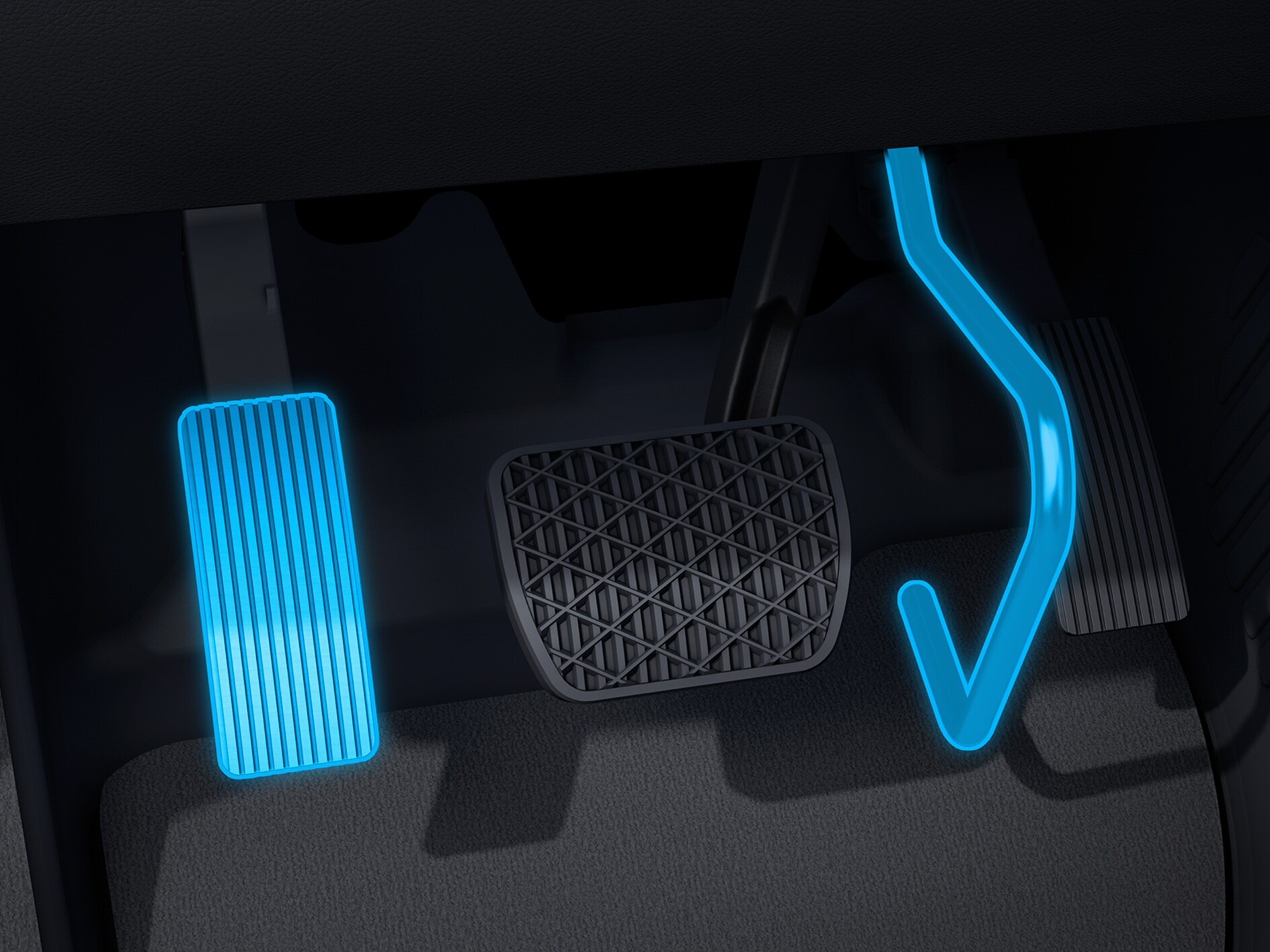 Detailní pohled na pedál akcelerace přemístěný doleva (elektronicky) v&nbsp;kombinaci s&nbsp;vozidlem vhodným pro invalidy.