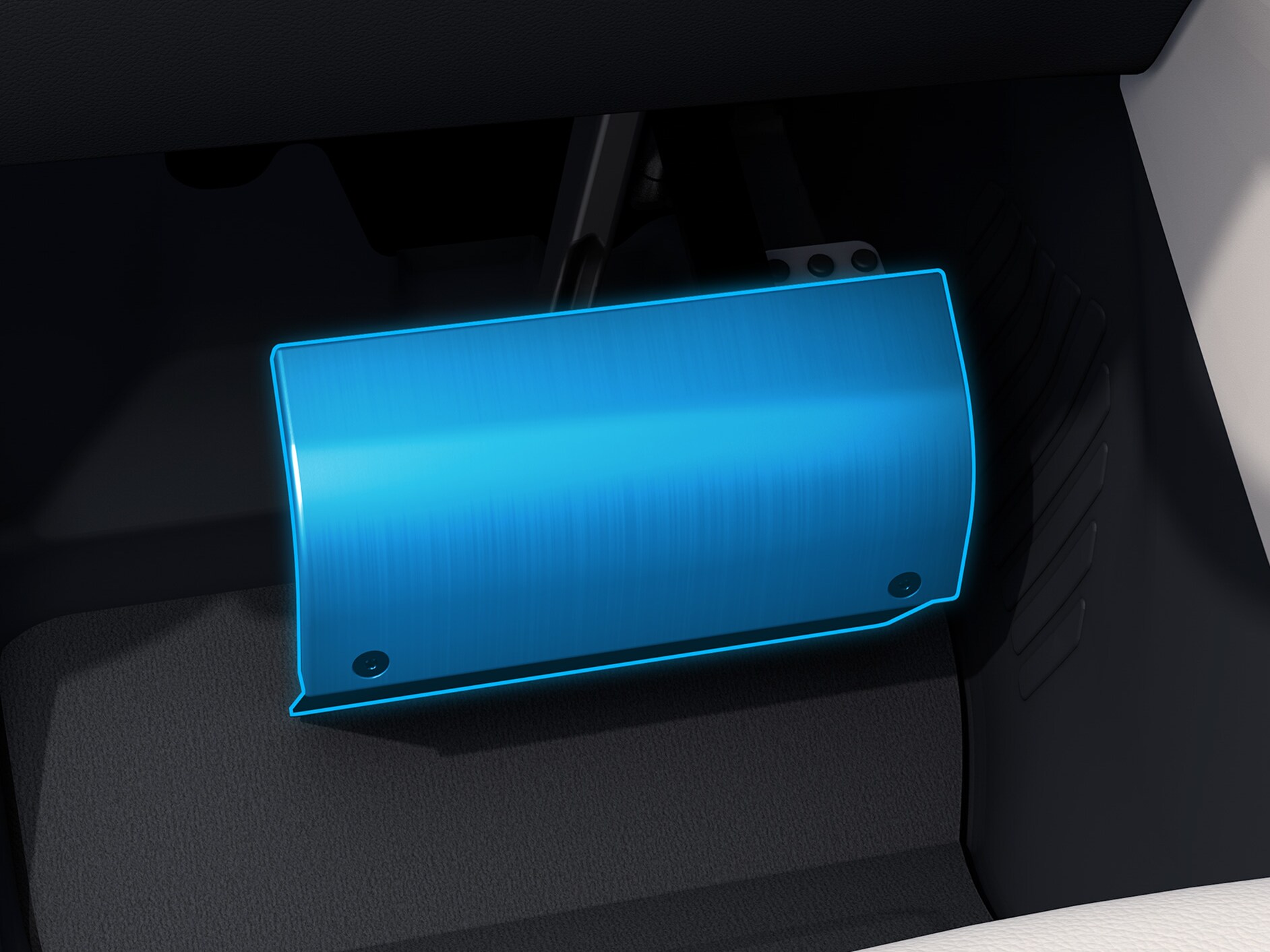 Detailní pohled na kryt pedálů v&nbsp;kombinaci s&nbsp;vozidlem vhodným pro invalidy.