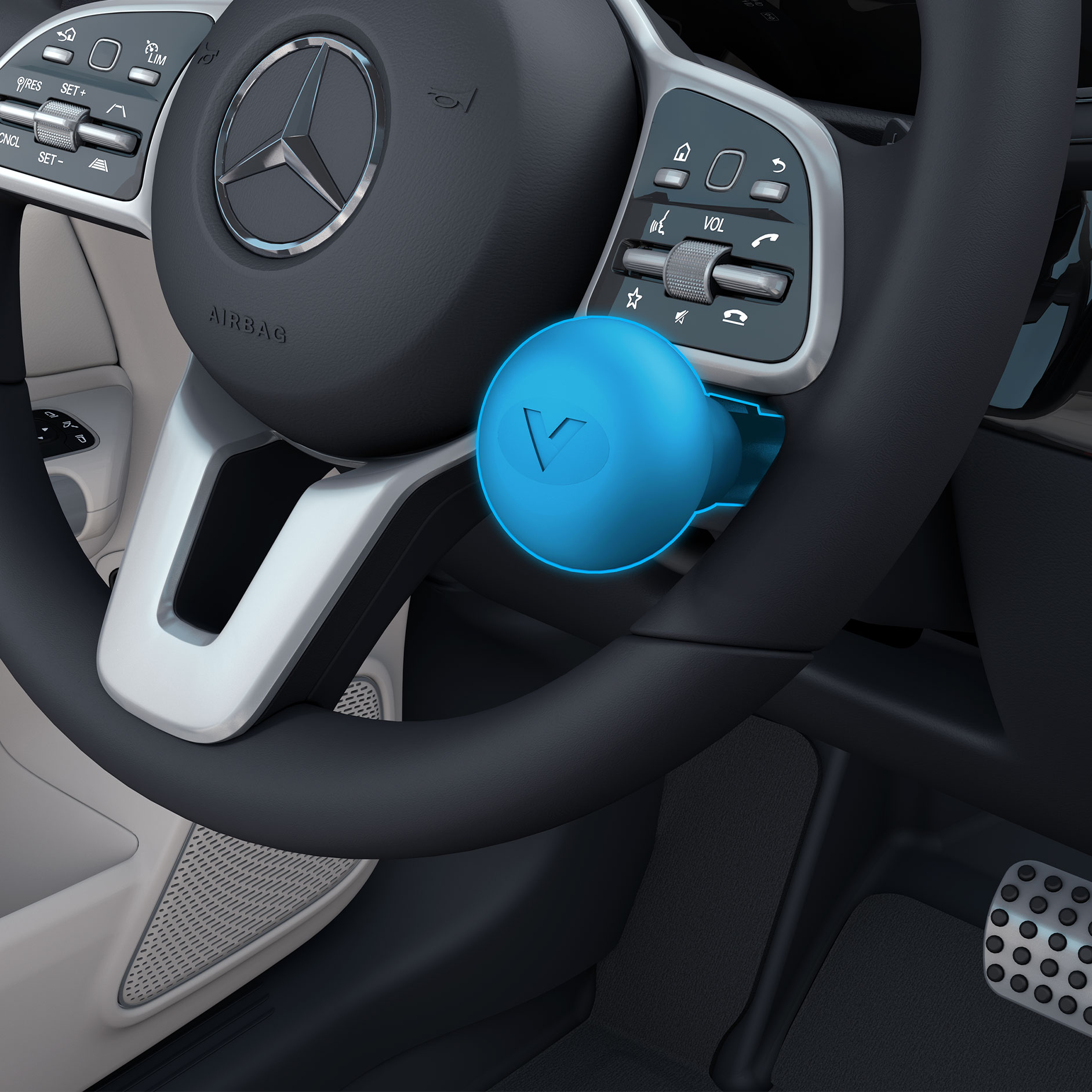 Madlo na volantu | Pomůcky pro jízdu | Mercedes-Benz Pohled na madlo na volantu vpravo v kombinaci s vozidlem vhodným pro invalidy.