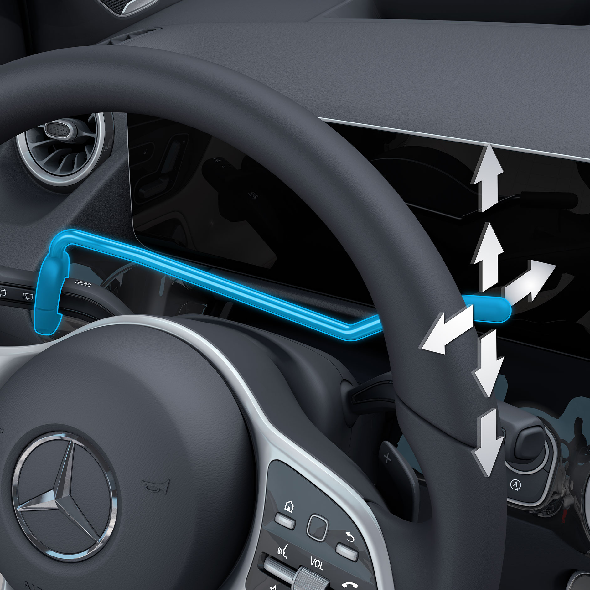 Přesunutý kombinovaný přepínač | Pomůcky pro jízdu | Mercedes-Benz Pohled na přesunutý kombinovaný přepínač v kombinaci s vozidlem pro invalidy.