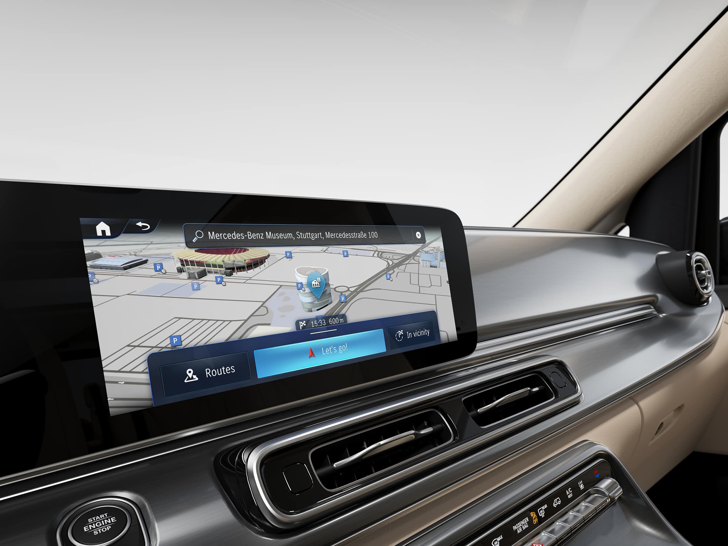 Kokpit vozu Mercedes-Benz Marco Polo HORIZON s multimediálním systémem MBUX a integrací chytrého telefonu.