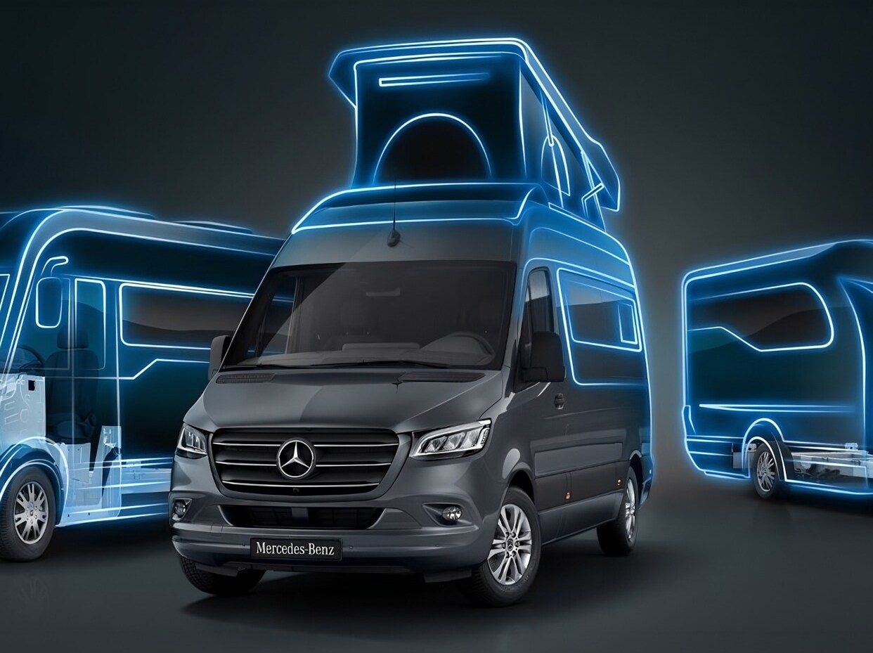 Cestovní automobil Mercedes-Benz Sprinter zaparkovaný u&nbsp;malebného břehu řeky.