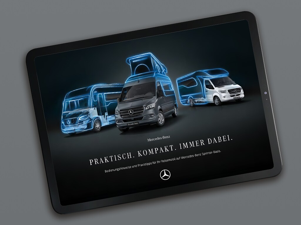 Tablet s&nbsp;digitální brožurou o&nbsp;obytných vozech Mercedes-Benz Sprinter.