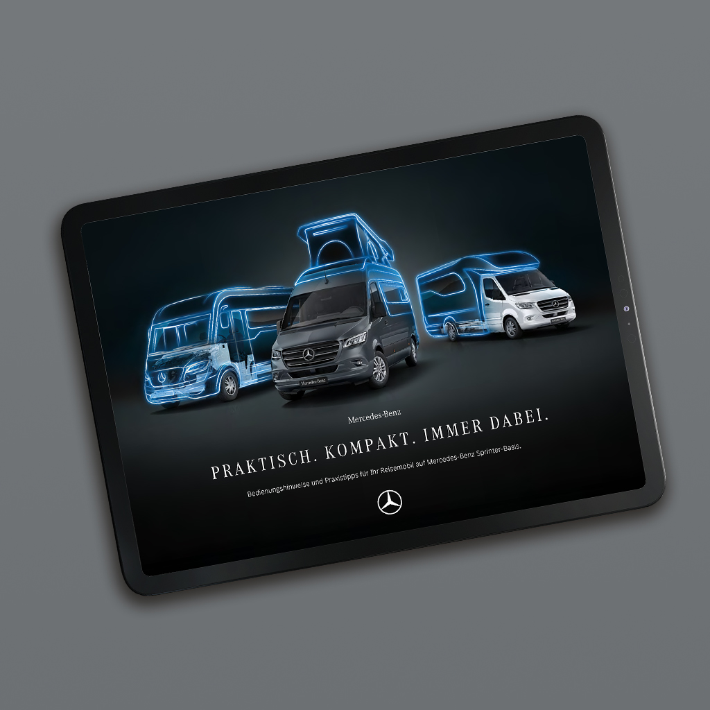 Obytné vozy Sprinter na tabletu | Cestovní automobily Sprinter | Mercedes-Benz Tablet s digitální brožurou o obytných vozech Mercedes-Benz Sprinter.
