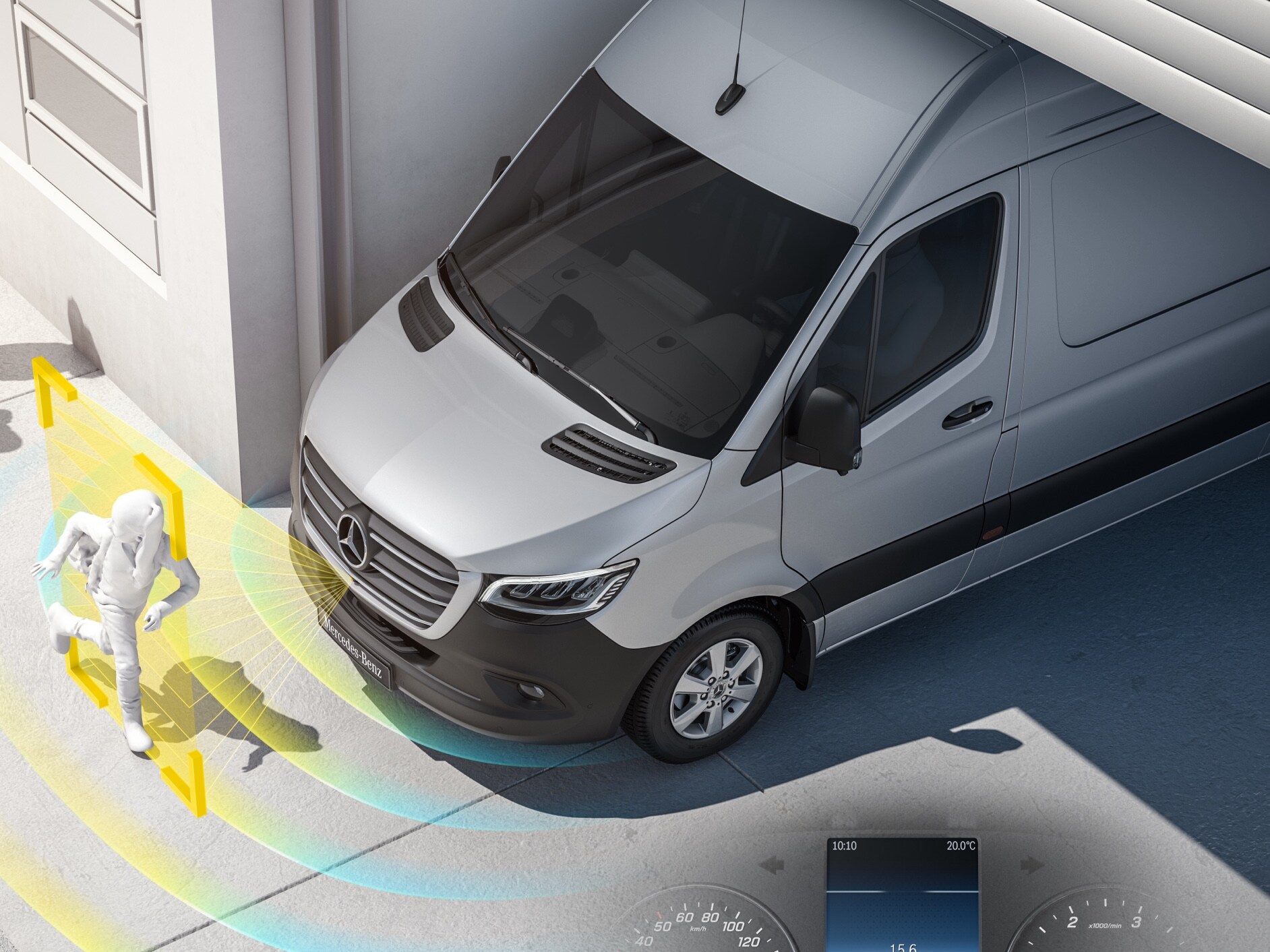 Mercedes-Benz Sprinter s&nbsp;aktivními asistenčními systémy detekujícími chodce v&nbsp;blízkosti pro zvýšení bezpečnosti řidiče.