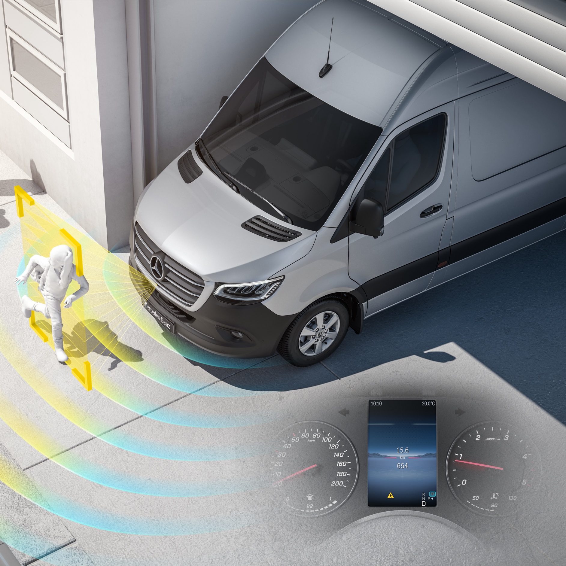 Digitální doplňky | Cestovní automobily Sprinter | Mercedes-Benz Mercedes-Benz Sprinter s aktivními asistenčními systémy detekujícími chodce v blízkosti pro zvýšení bezpečnosti řidiče.