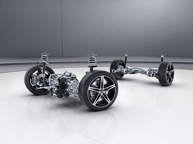 Podvozek s adaptivním nastavitelným tlumením vozidla Mercedes-Benz CLA kupé.