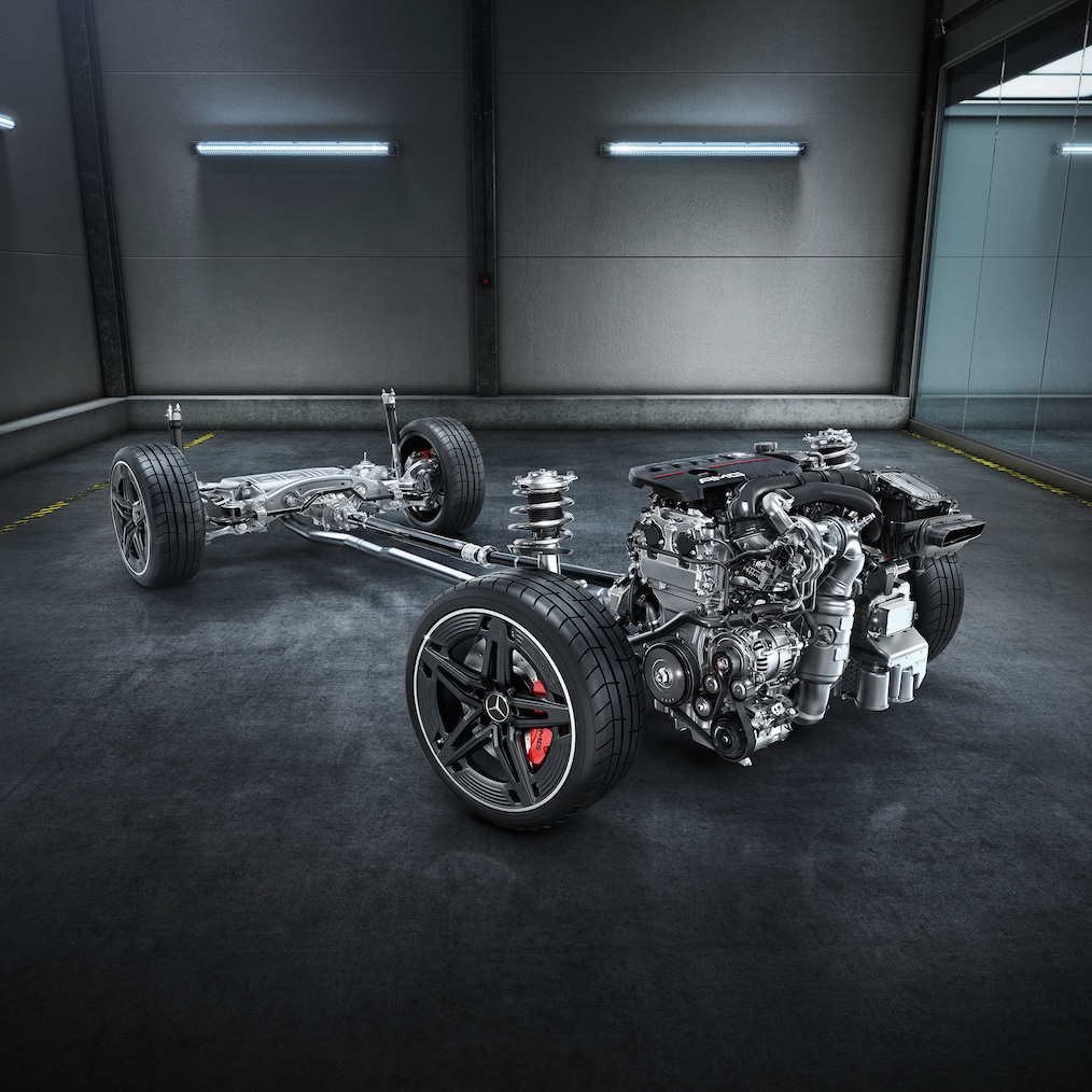 Podvozek s hnacím ústrojím modelu Mercedes-AMG CLA 45 S 4MATIC+ Shooting Brake.
