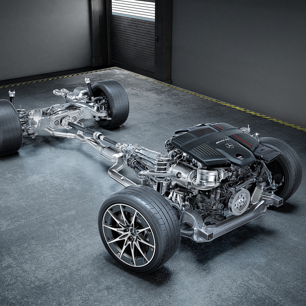 Pohled na hnací ústrojí se třílitrovým řadovým šestiválcovým motorem a pohonem AMG Performance 4MATIC+.