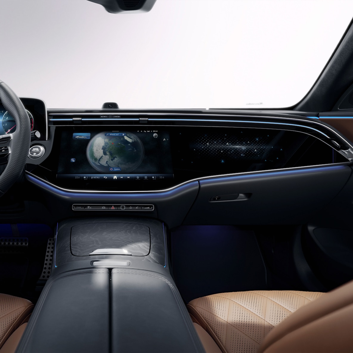 MBUX Superscreen se selfie a videokamerou ve Třídě E sedan od Mercedes-Benz.