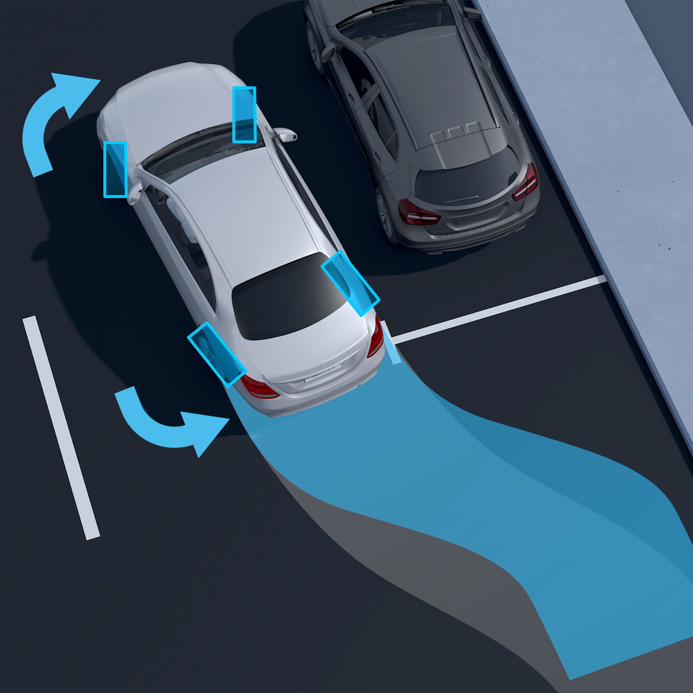 Znázornění řízení zadní nápravy vozu EQE sedan od Mercedes-Benz.