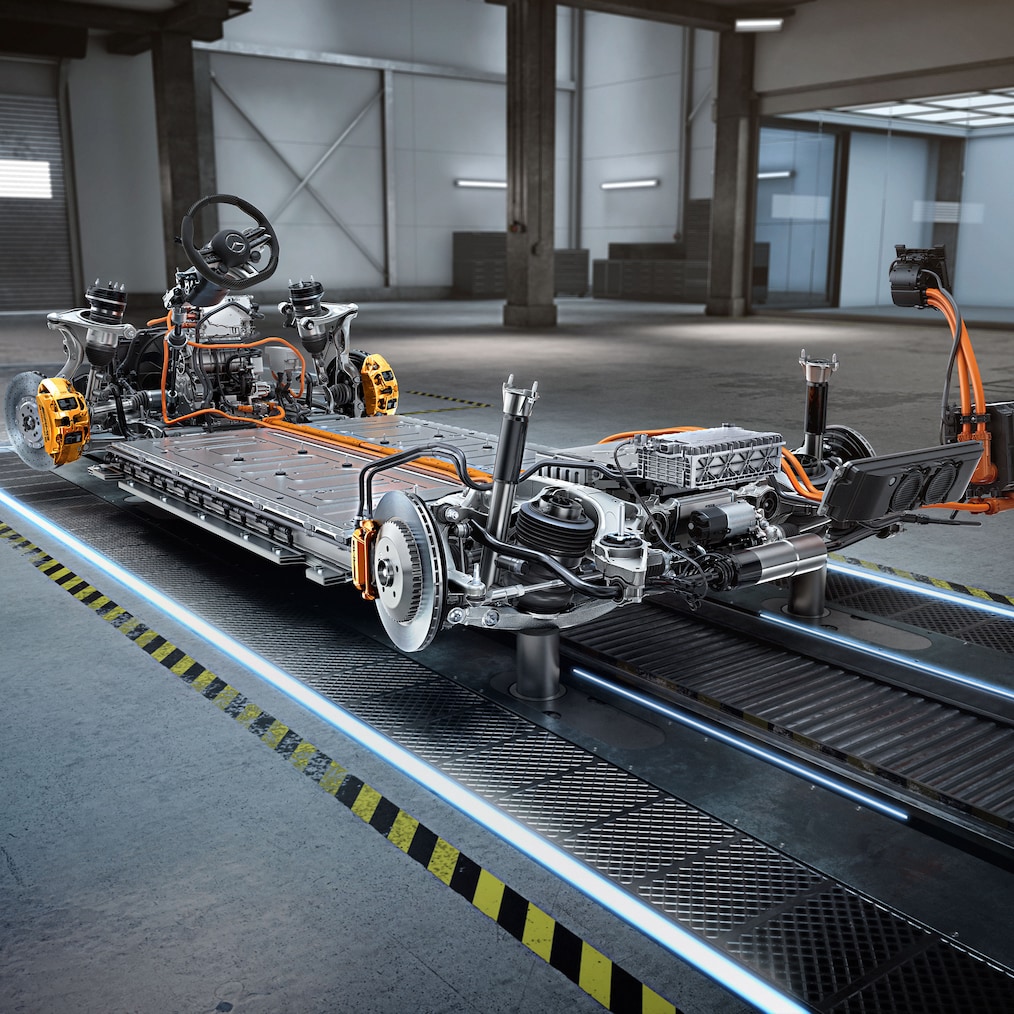 Podvozek s hnacím ústrojím vozu Mercedes-AMG EQE 53 4MATIC+ SUV.