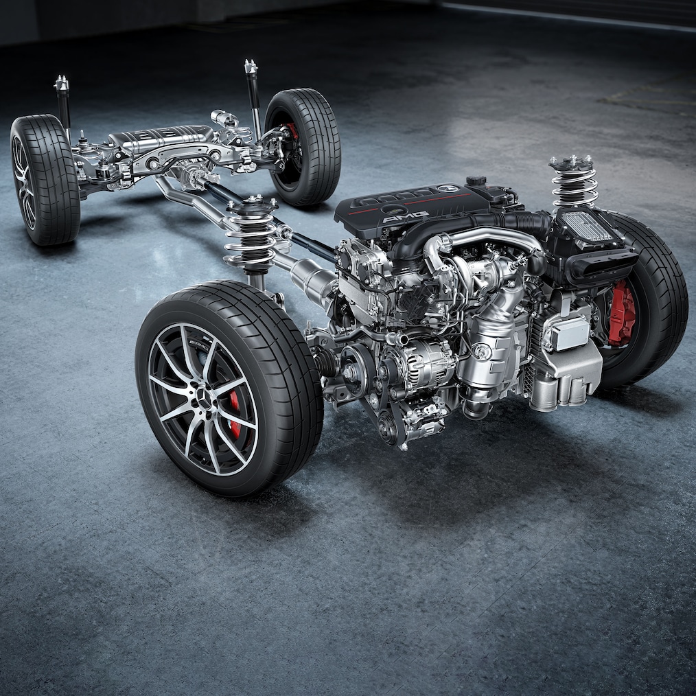 Podvozek s hnacím ústrojím modelu Mercedes-AMG GLA 35 4MATIC.