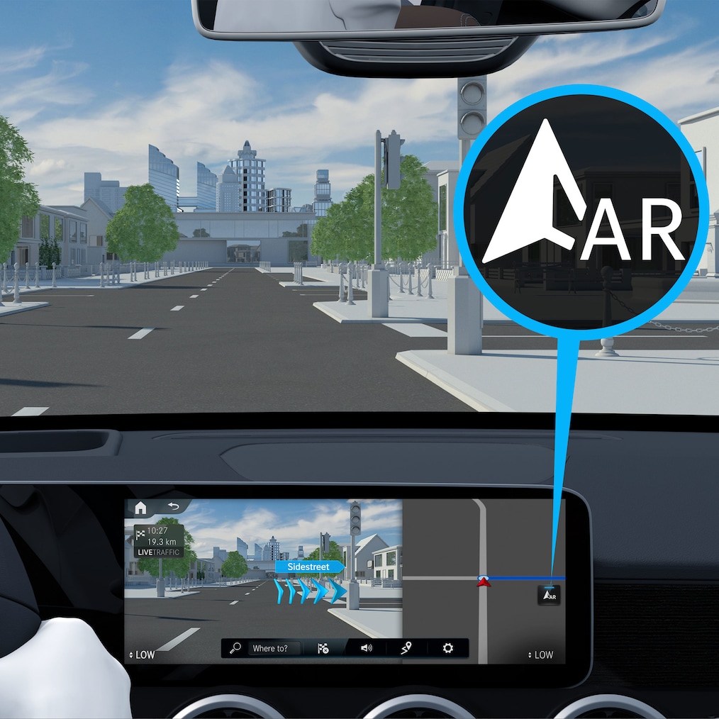 Jak funguje digitální doplněk rozšířená realita MBUX pro navigaci ve vozidle Mercedes-Benz GLA.
