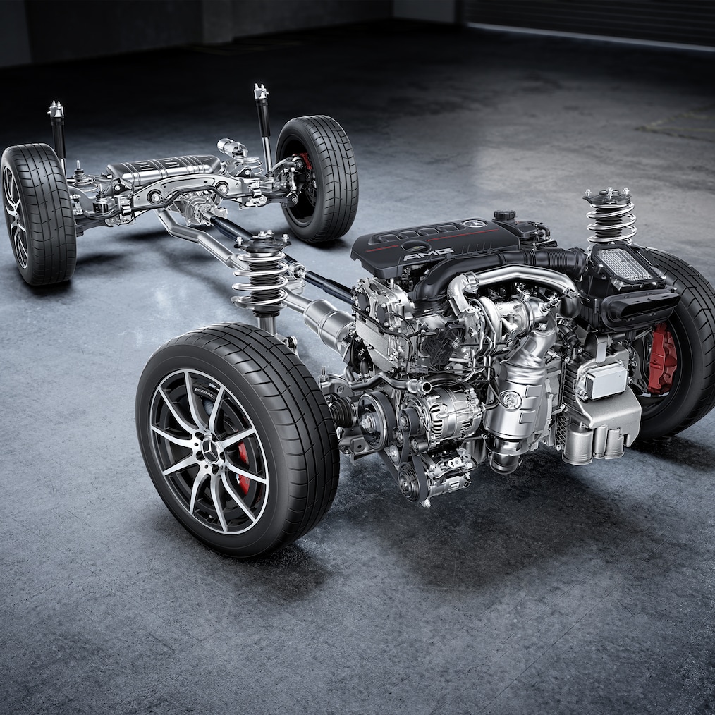 Podvozek s hnacím ústrojím modelu Mercedes-AMG GLB 35 4MATIC.