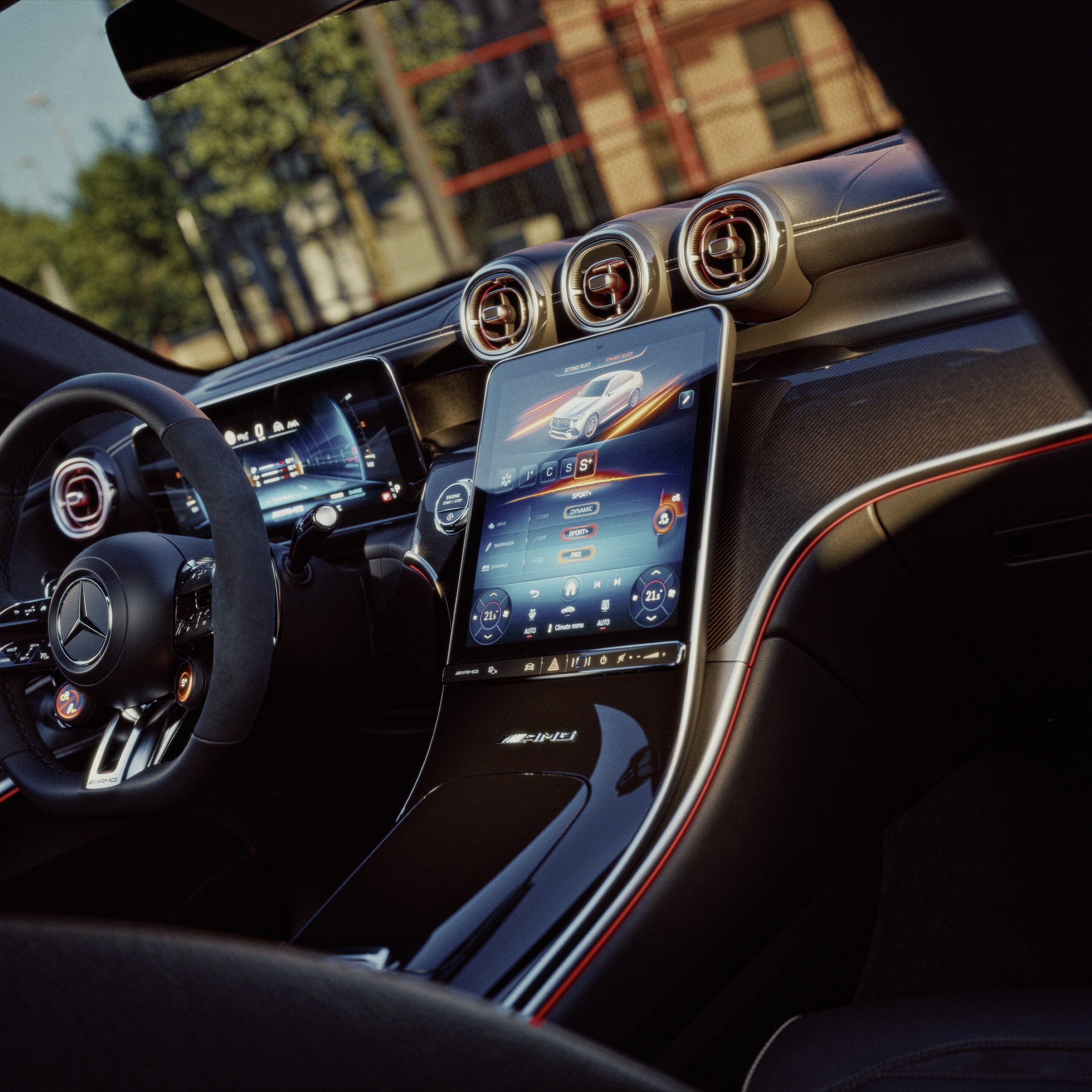 Interiér nového vozidla Mercedes-AMG GLC kupé.