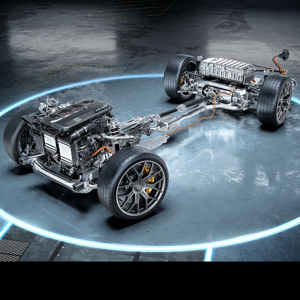 Hnací ústrojí modelu Mercedes-AMG GLC 63 S E PERFORMANCE kupé.