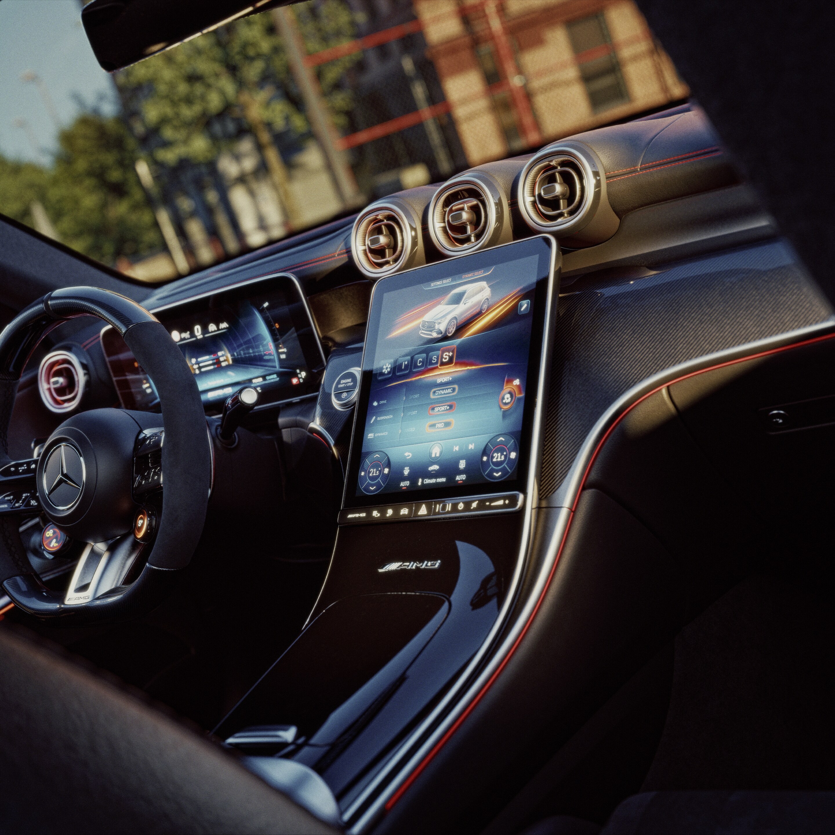 Interiér nového vozidla Mercedes-AMG GLC SUV.