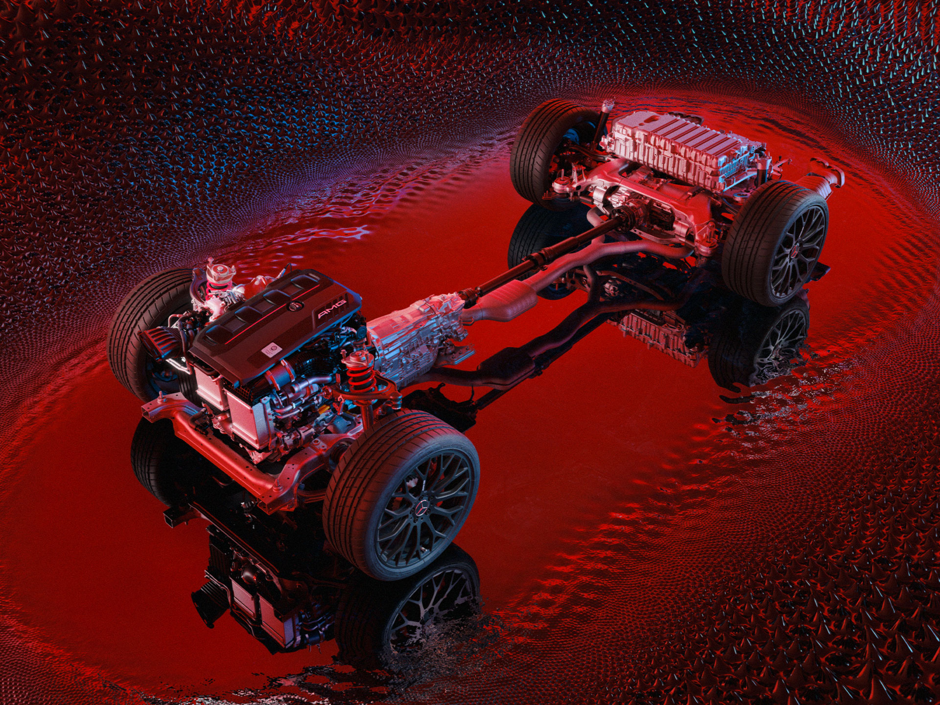 Hybridní architektura | Výrazné prvky | Mercedes-AMG Technický náčrt hybridní architektury od Mercedes-AMG.