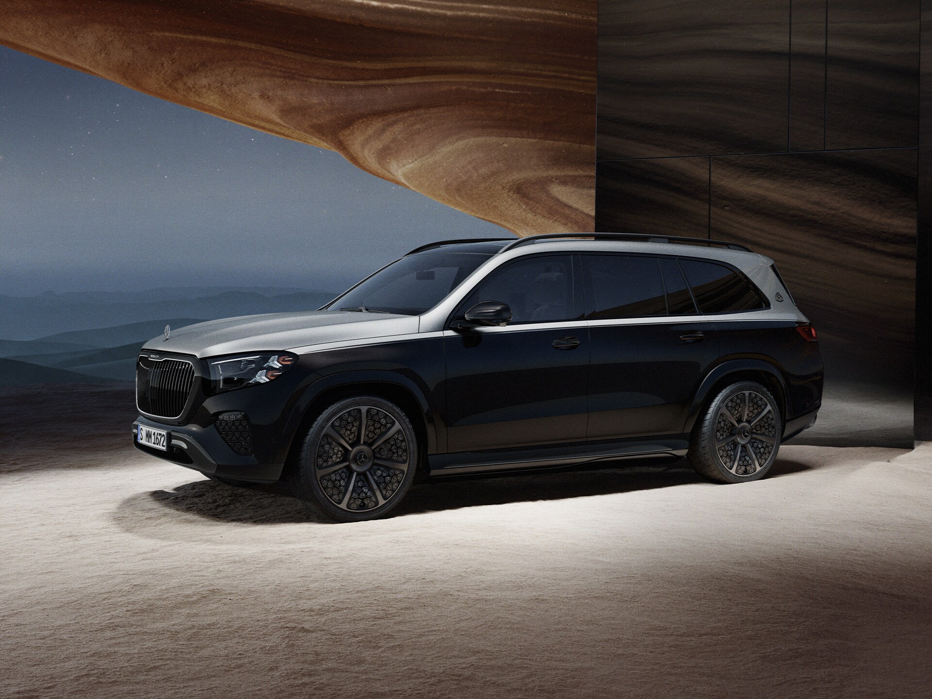 Pohled zepředu na model Mercedes-Maybach GLS Night Series.