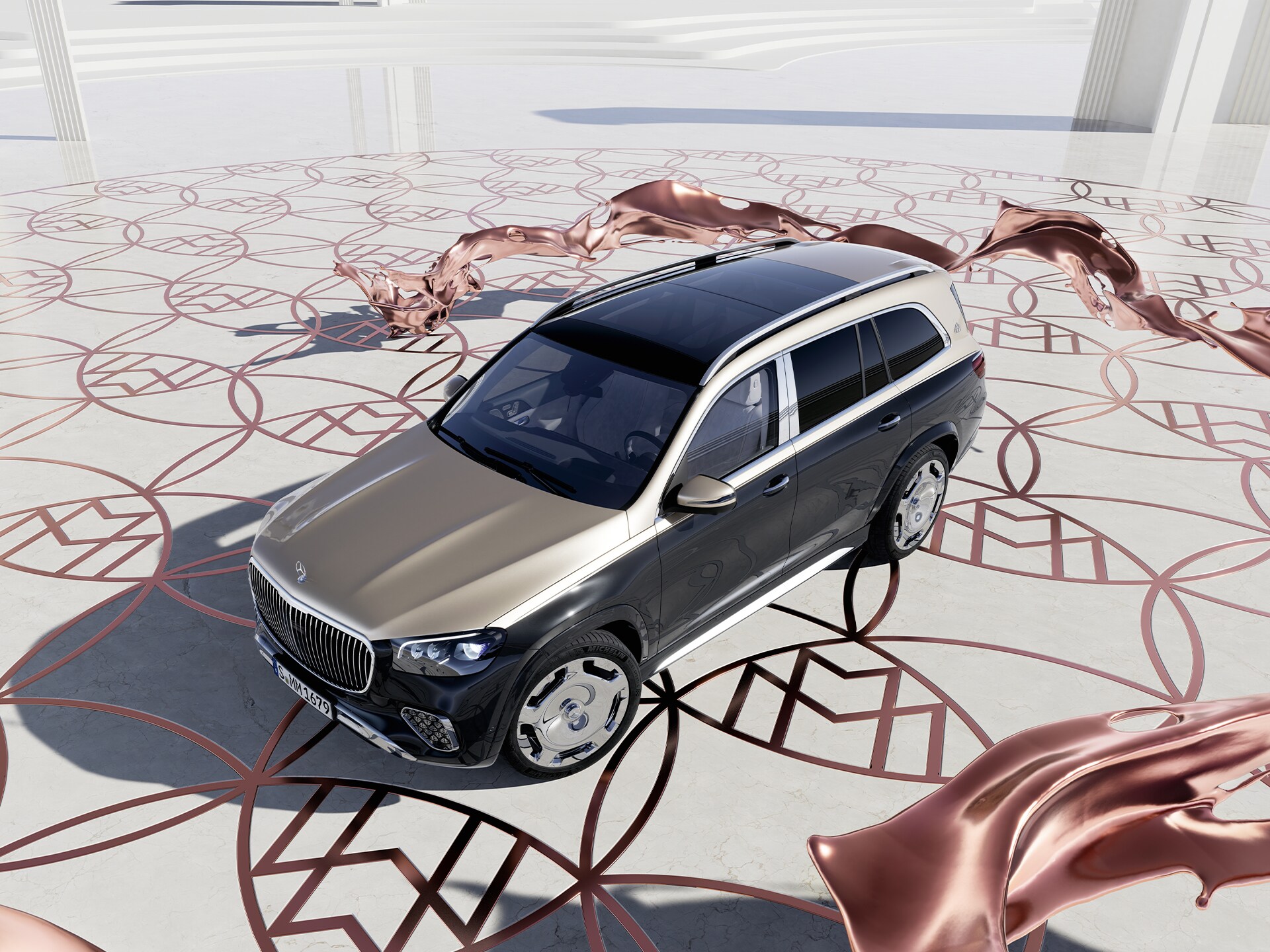 Pohled shora na vozidlo Mercedes-Maybach GLS SUV.