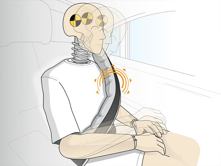 Ilustrace funkce airbagu v bezpečnostním pásu v modelu Mercedes-Maybach Třída S.