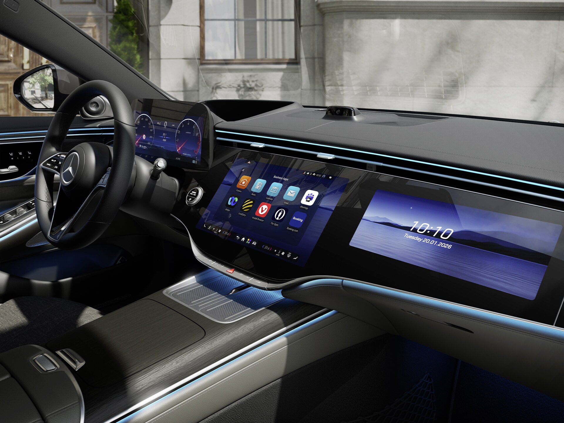 MBUX superscreen v&nbsp;kokpitu nového vozidla Mercedes-Benz Třídy&nbsp;S sedan zobrazující systém MB.OS od Mercedes-Benz.