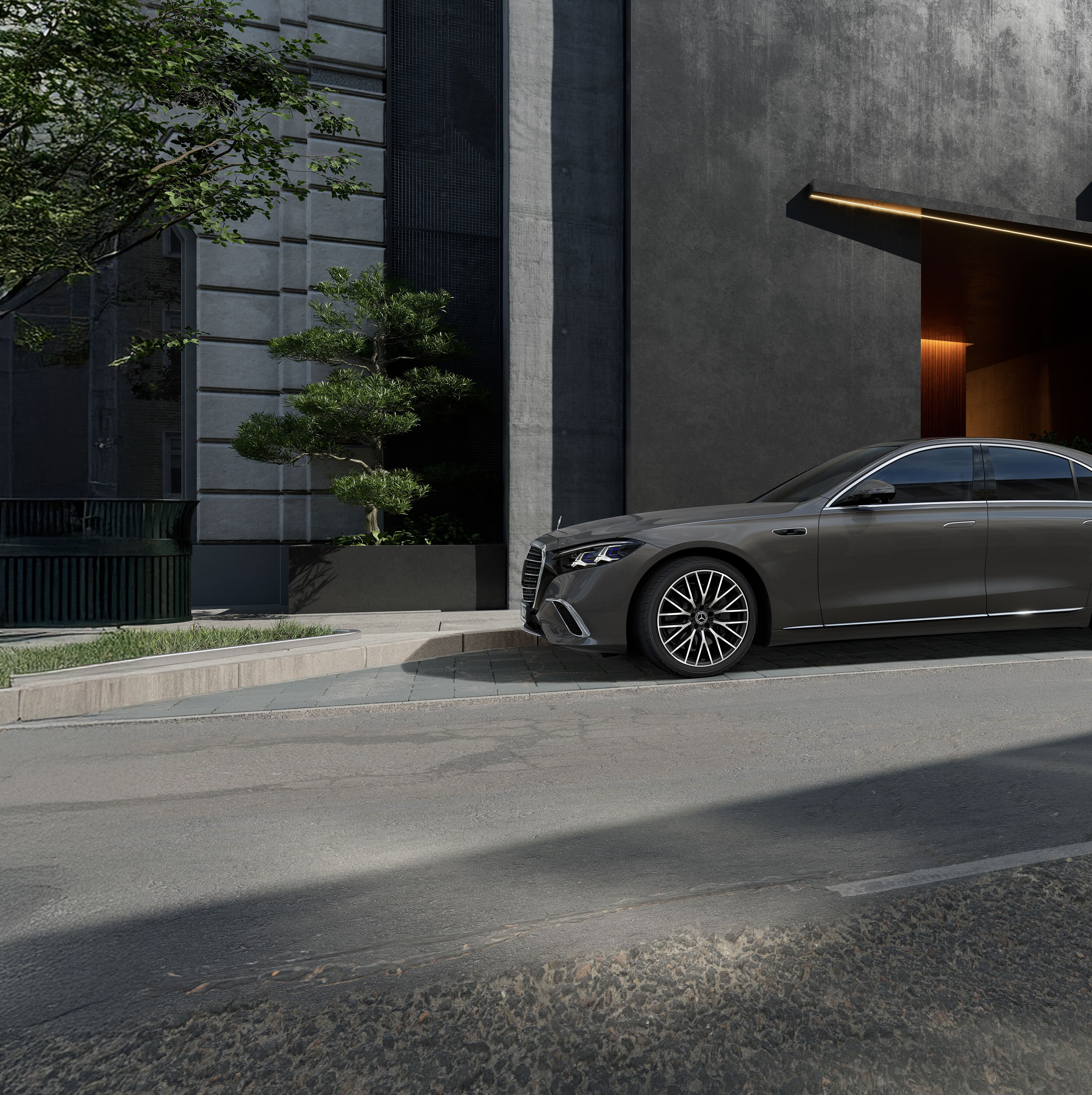 Nové vozidlo Mercedes-Benz Třídy&nbsp;S sedan při detailním pohledu z&nbsp;boku.