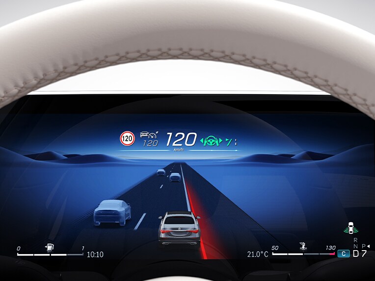 Grafické znázornění aktivního asistenta jízdy v pruzích ve voze Mercedes-Benz Třídy S Sedan.