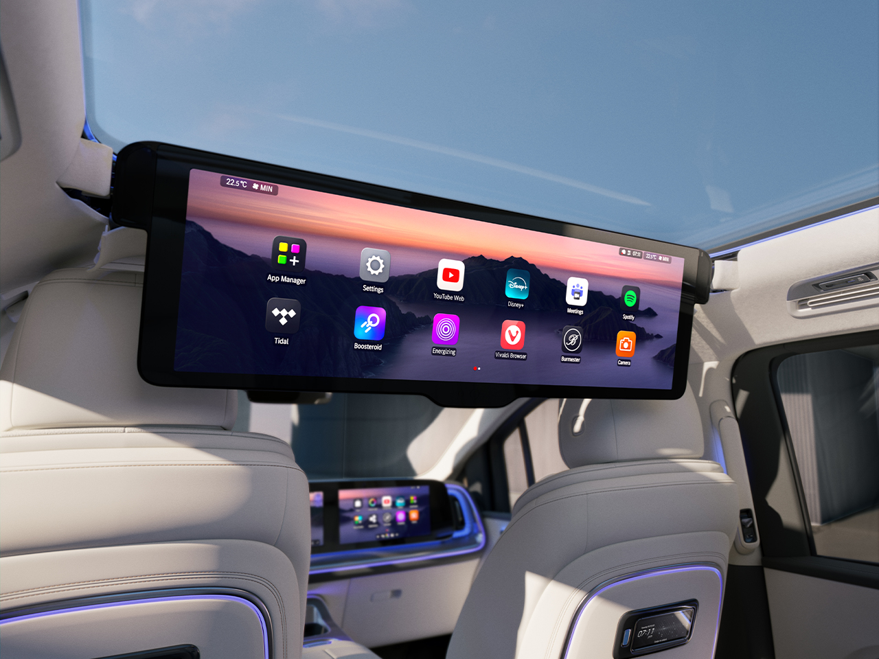 MBUX Rear Space Experience | VLE | Mercedes-Benz MBUX Rear Space Experience s výsuvným displejem s vysokým rozlišením o úhlopříčce 78,8 cm (31,3 palce).