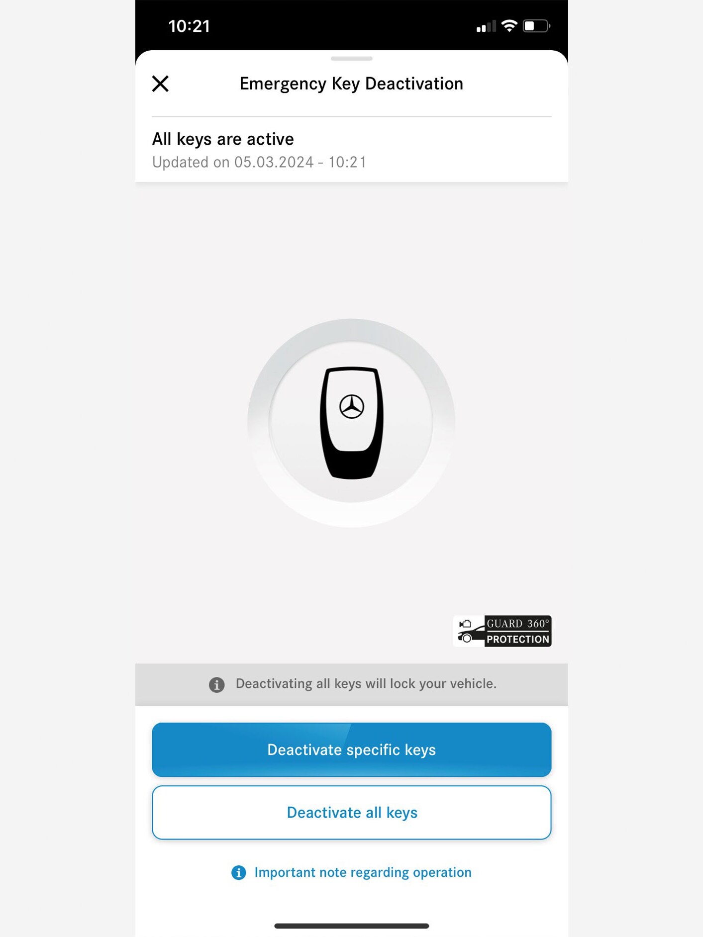 Na chytrém telefonu se zobrazí nabídka digitální výbavy Nouzová deaktivace klíčku.