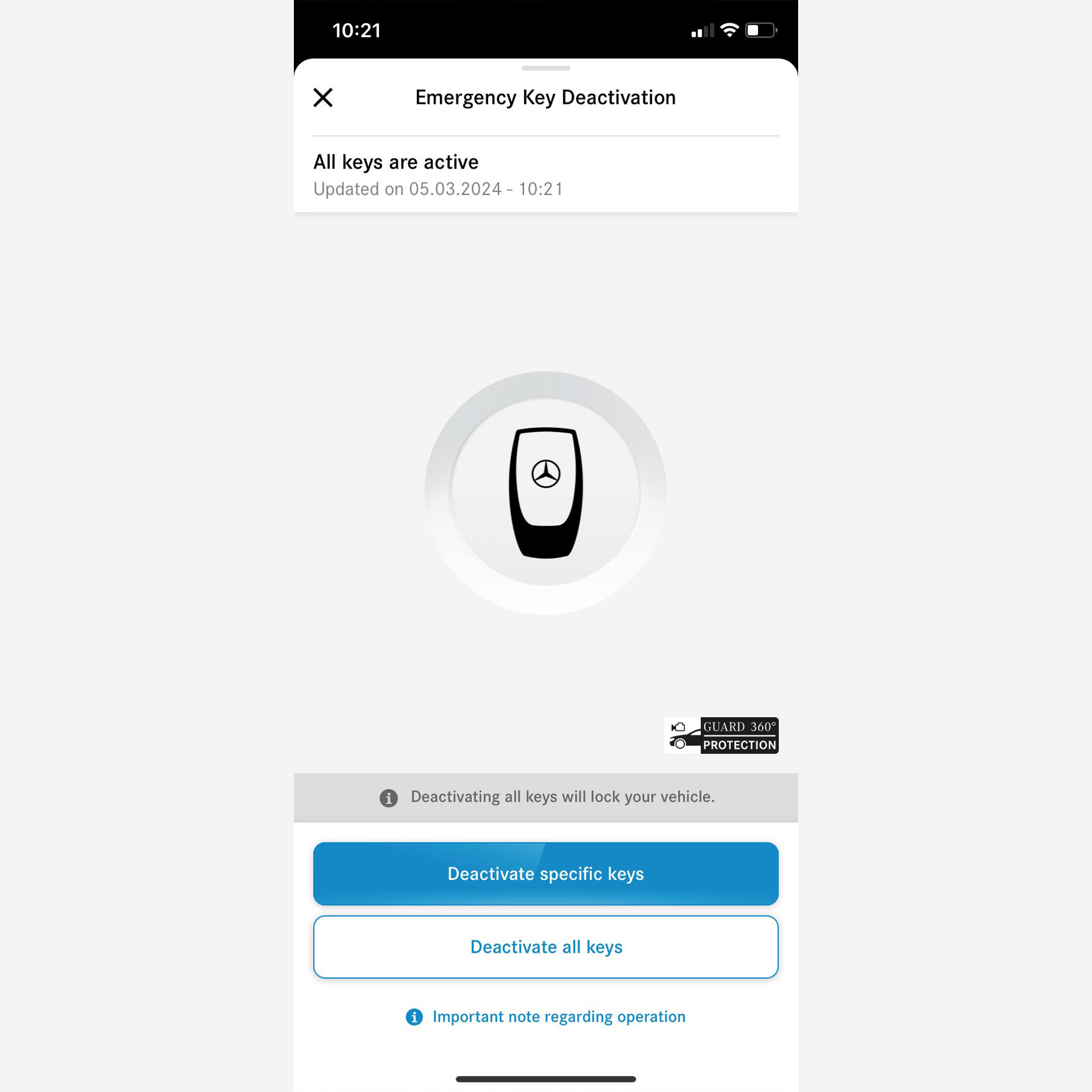 Nouzová deaktivace klíčku | GUARD 360˚ | Mercedes-Benz Na chytrém telefonu se zobrazí nabídka digitální výbavy Nouzová deaktivace klíčku.