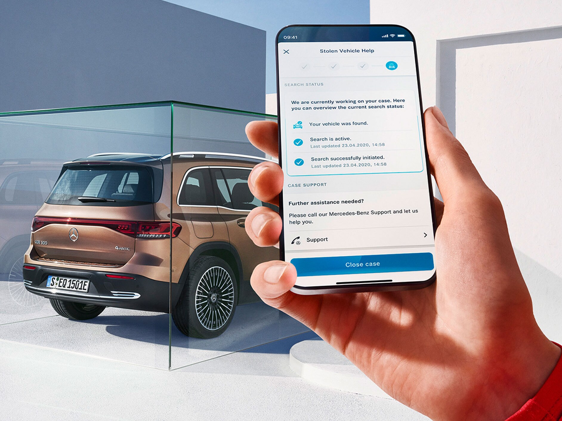 V aplikaci Mercedes-Benz na chytrém telefonu je prostřednictvím digitálního doplňku k&nbsp;tématu GUARD 360° nabídnuta pomoc při odcizení vozidla.