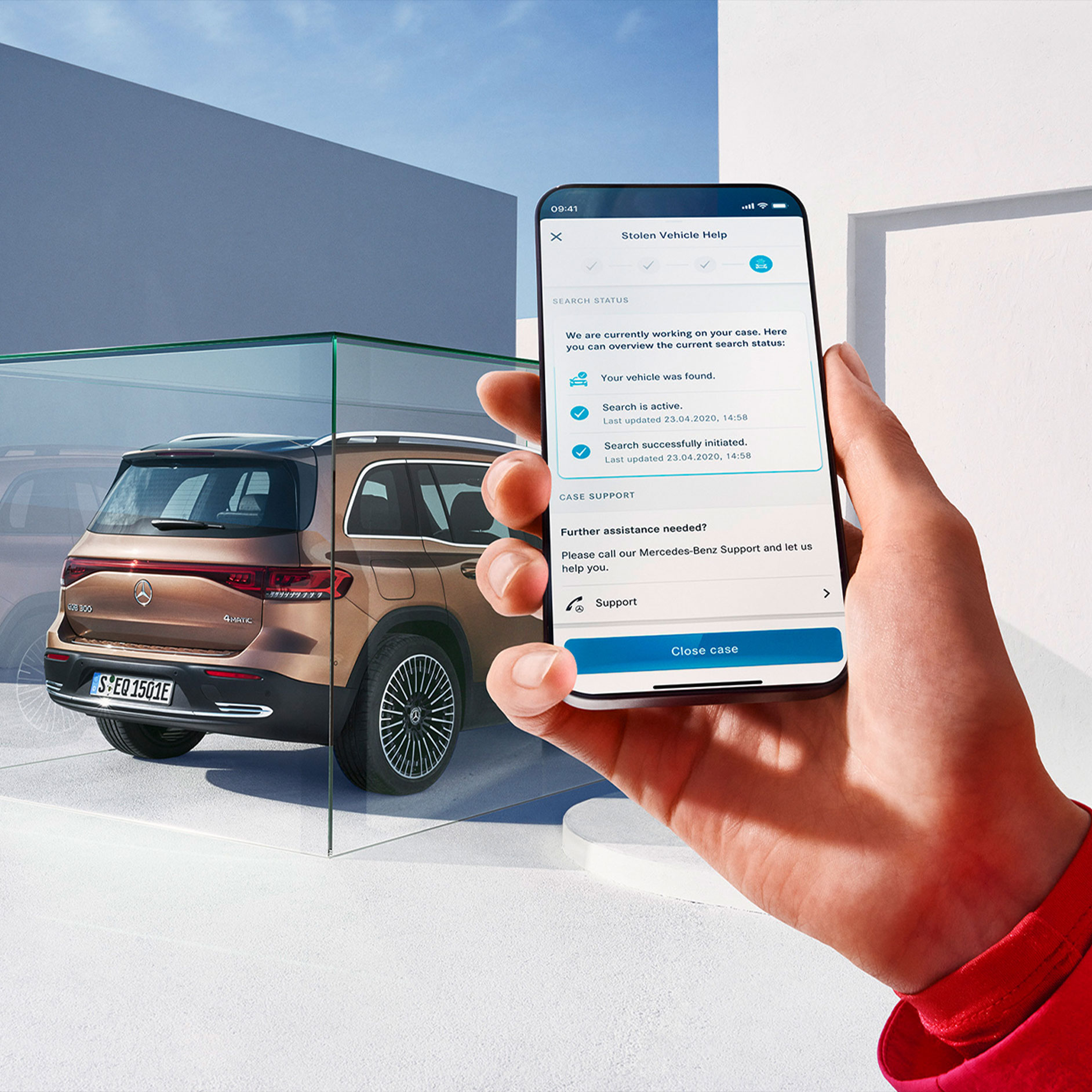 Pomoc při odcizení vozidla | GUARD 360˚ | Mercedes-Benz V aplikaci Mercedes-Benz na chytrém telefonu je prostřednictvím digitálního doplňku k tématu GUARD 360° nabídnuta pomoc při odcizení vozidla.