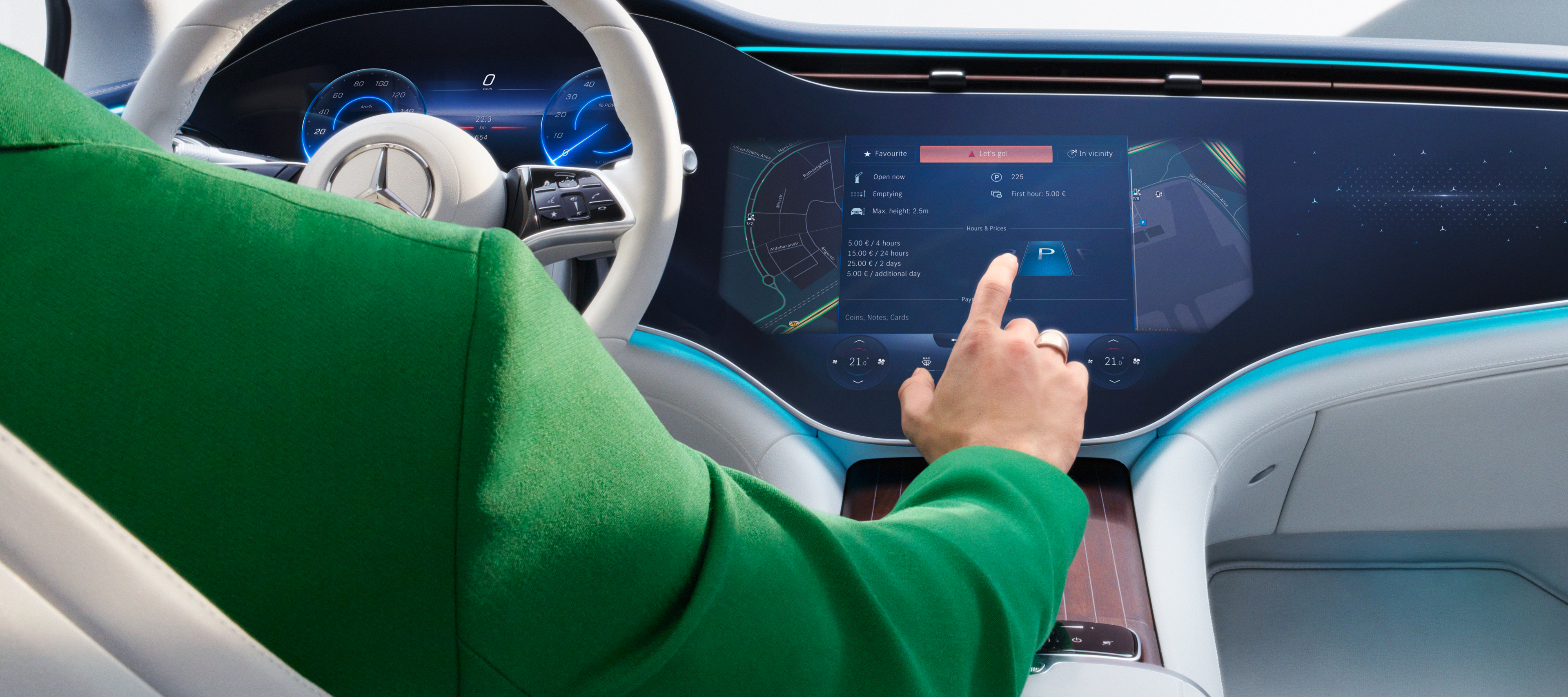 Mercedes me ID | Mercedes-Benz Na multimediálním systému MBUX ve voze Mercedes-Benz jsou zvoleny digitální doplňky