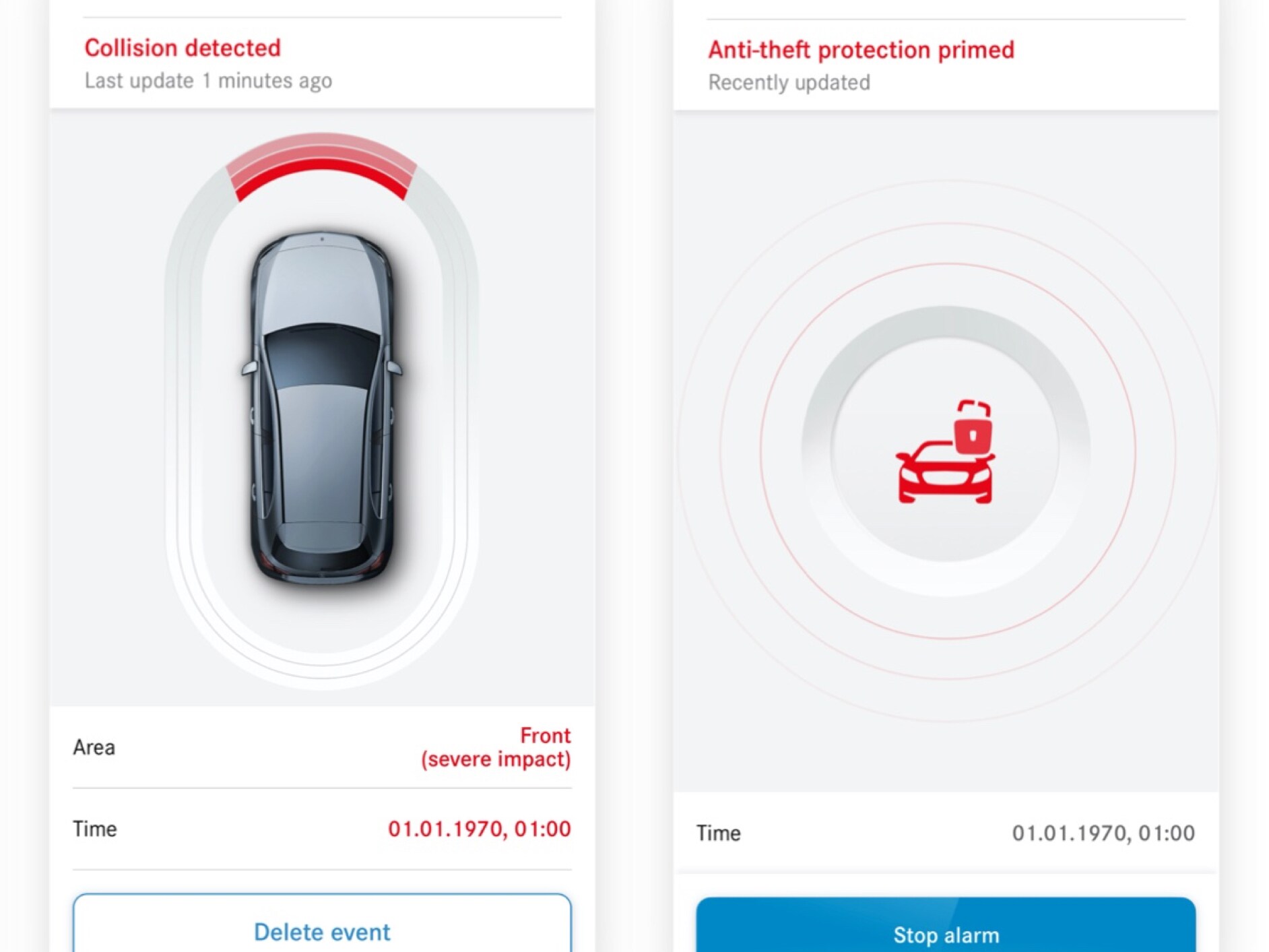 Na chytrém telefonu je pomocí digitálního doplňku Oznámení při krádeži a&nbsp;rozpoznání kolize zobrazeno, že došlo ke kolizi.