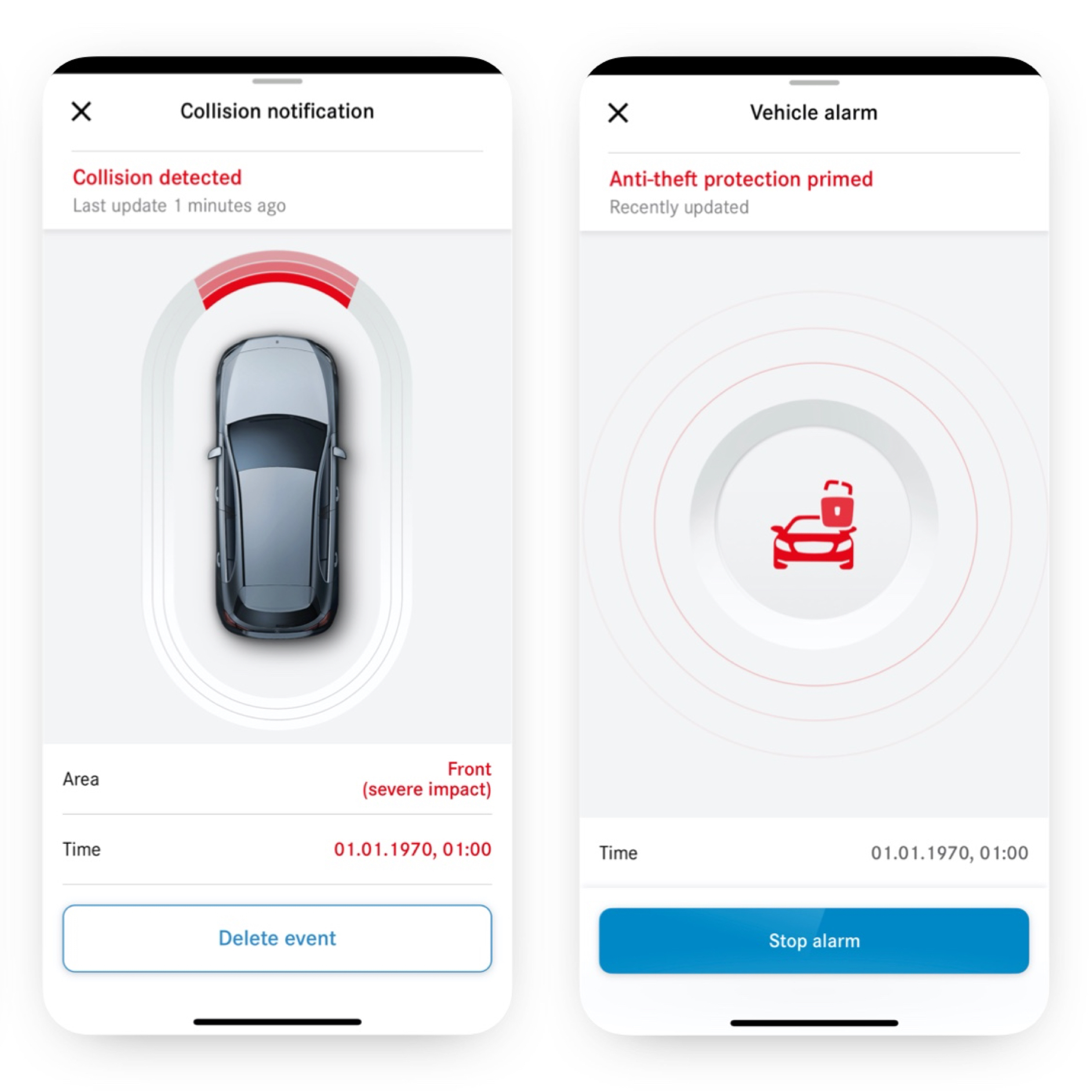Oznámení při krádeži a rozpoznání kolize | Sada Excellence | Mercedes-Benz Na chytrém telefonu je pomocí digitálního doplňku Oznámení při krádeži a rozpoznání kolize zobrazeno, že došlo ke kolizi.